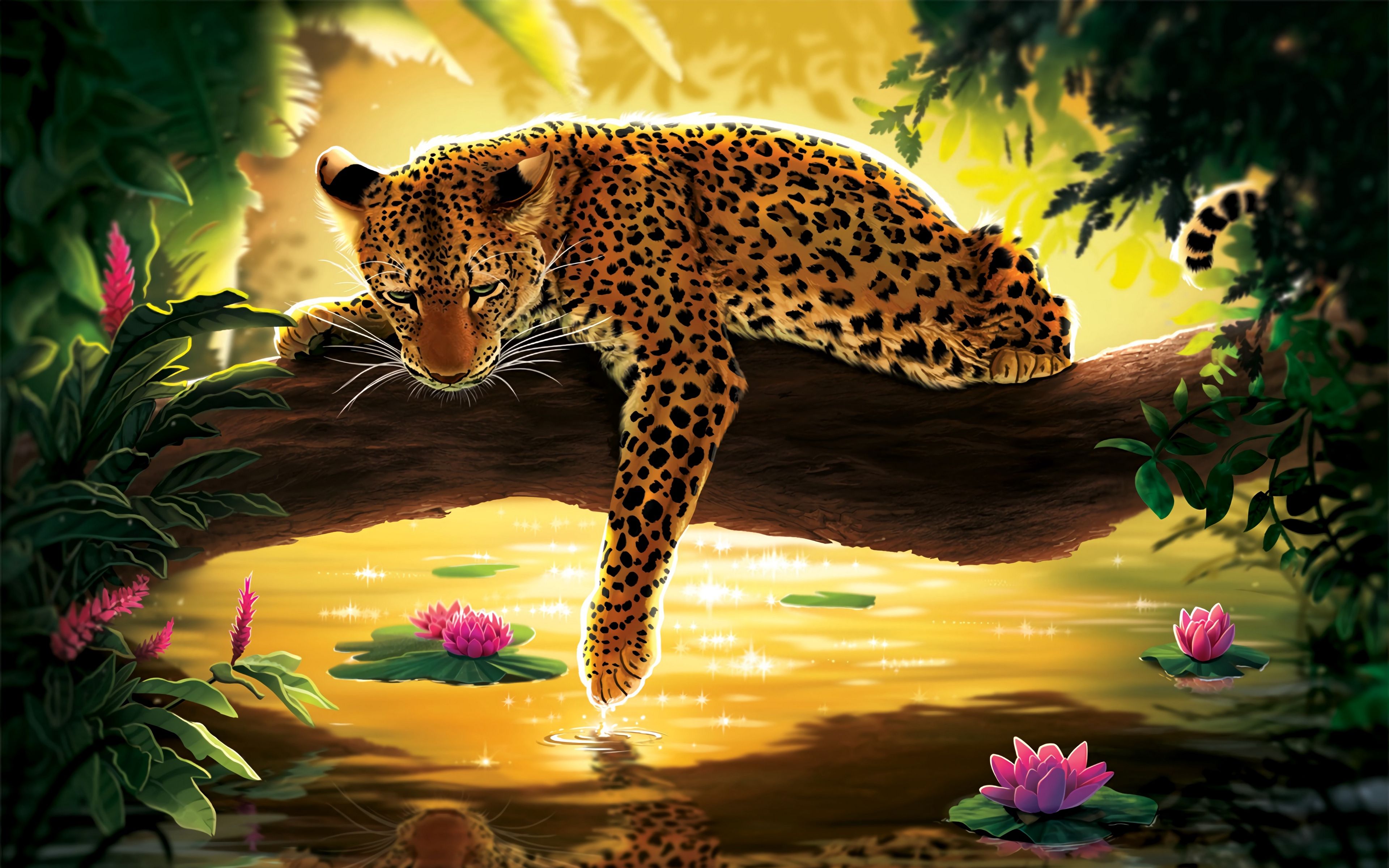 Download wallpaper 3840x2400 leopard, water, art, tree, water