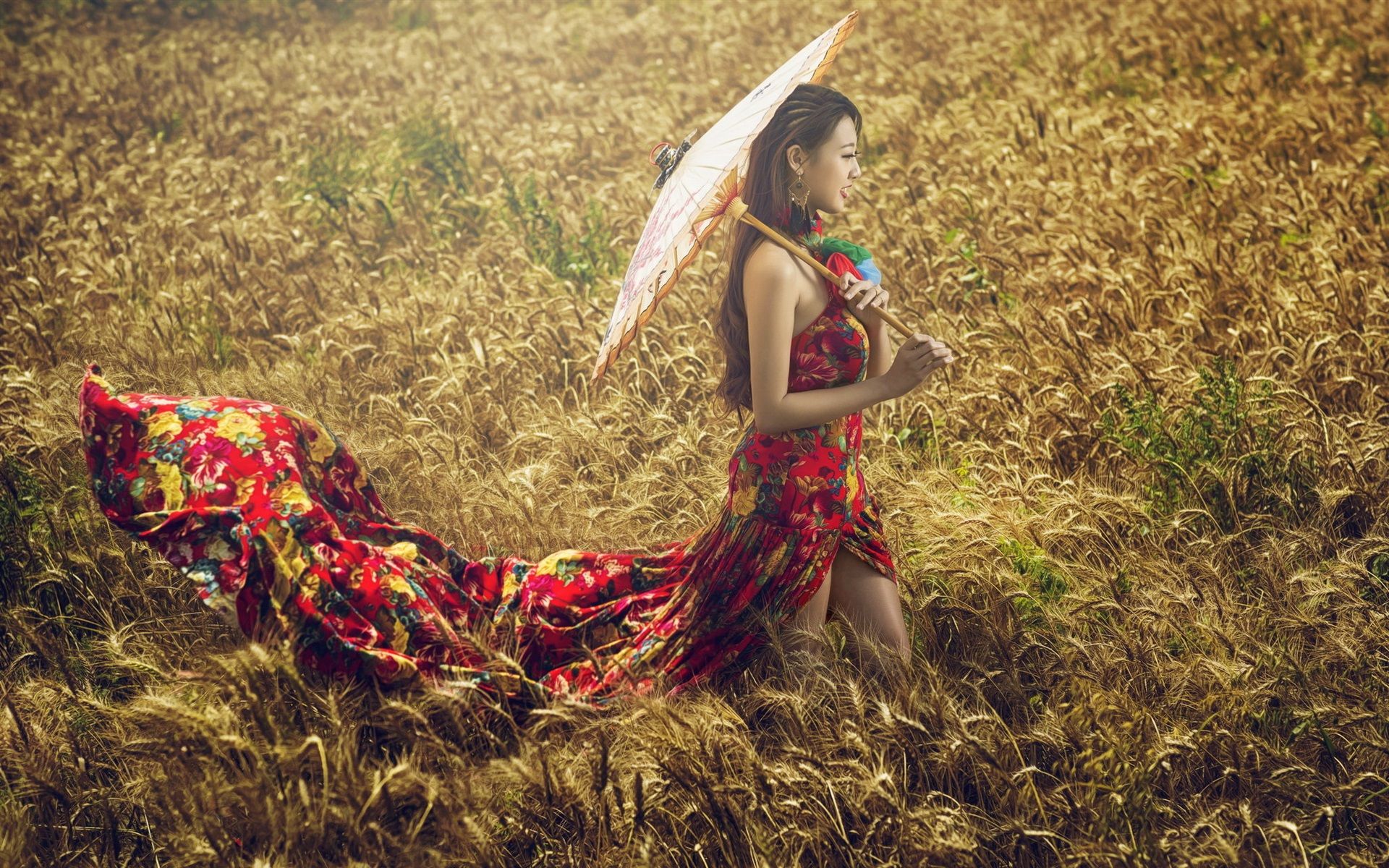 Wallpaper Asian girl, wheat field, umbrella 1920x1200 HD Picture