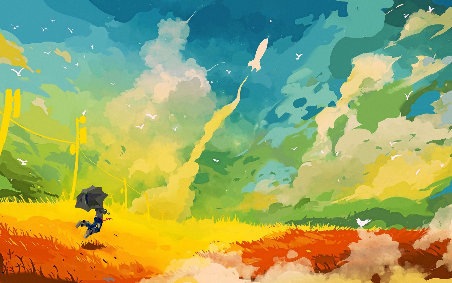 Umbrella Rocket Field Abstract Drawing Fantasy Color Sc Fi Birds