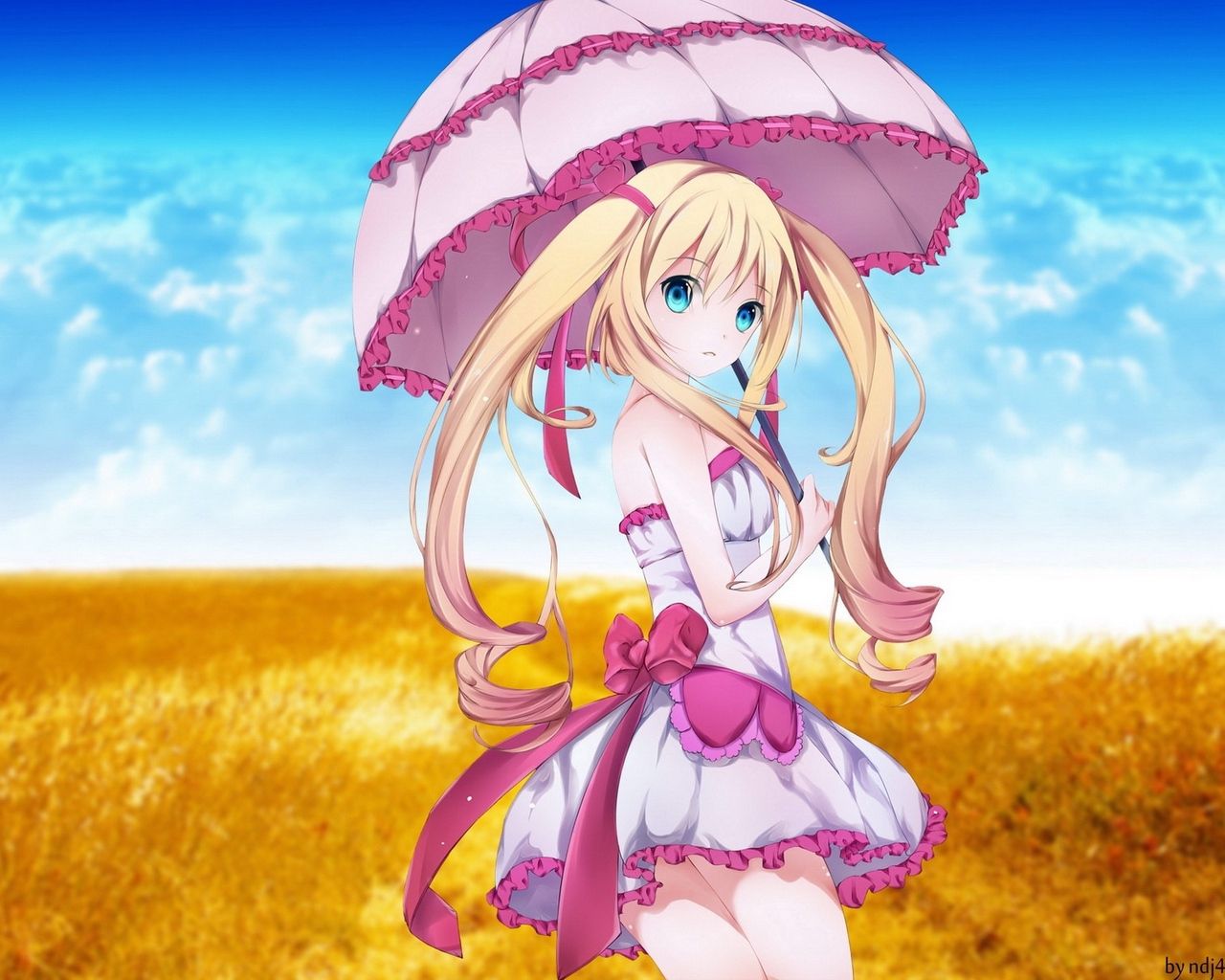 Download wallpaper 1280x1024 anime, girl, field, heat, umbrella