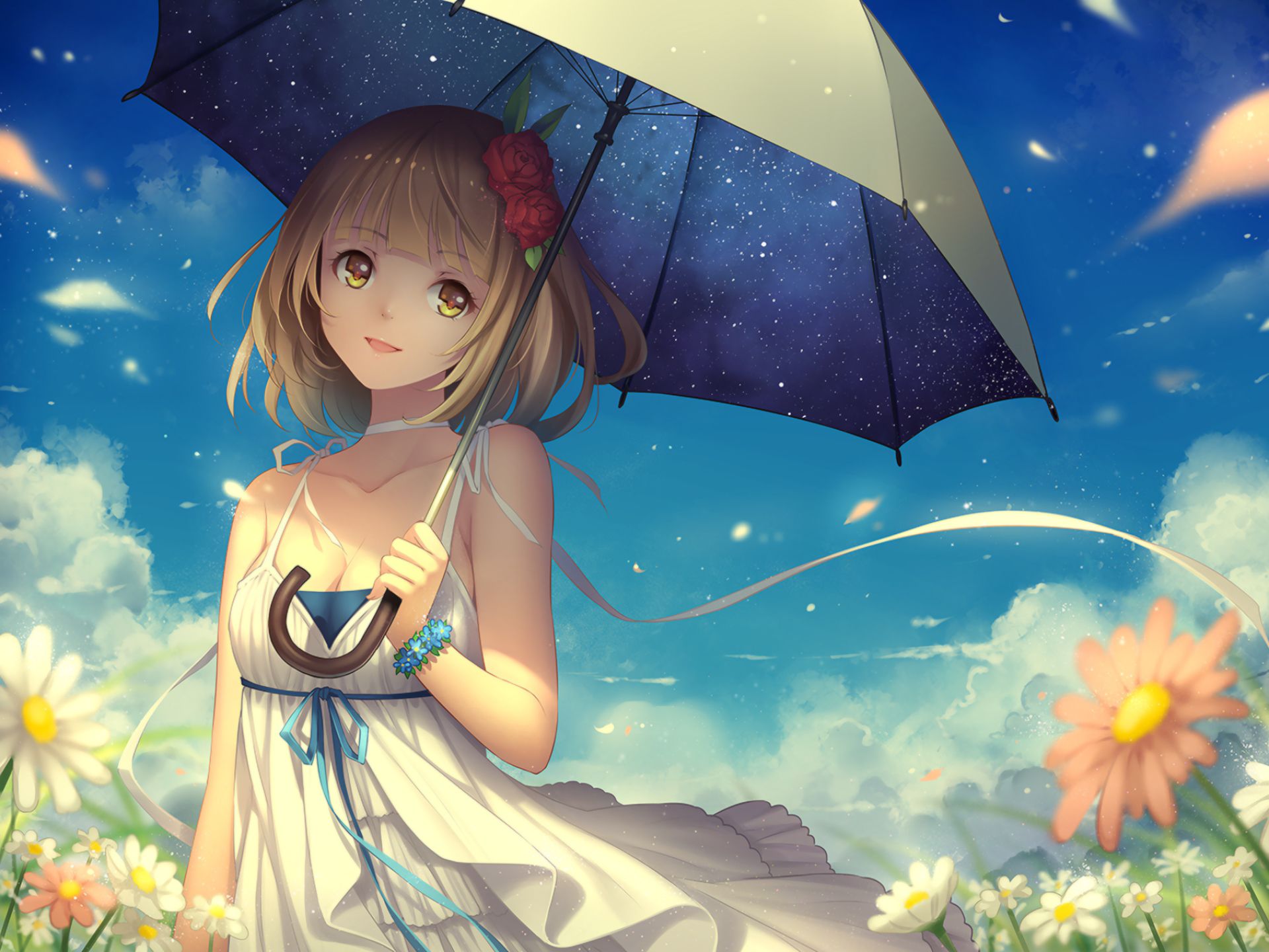 Girl Blonde Umbrella Field Sky wallpaper. Girl Blonde Umbrella