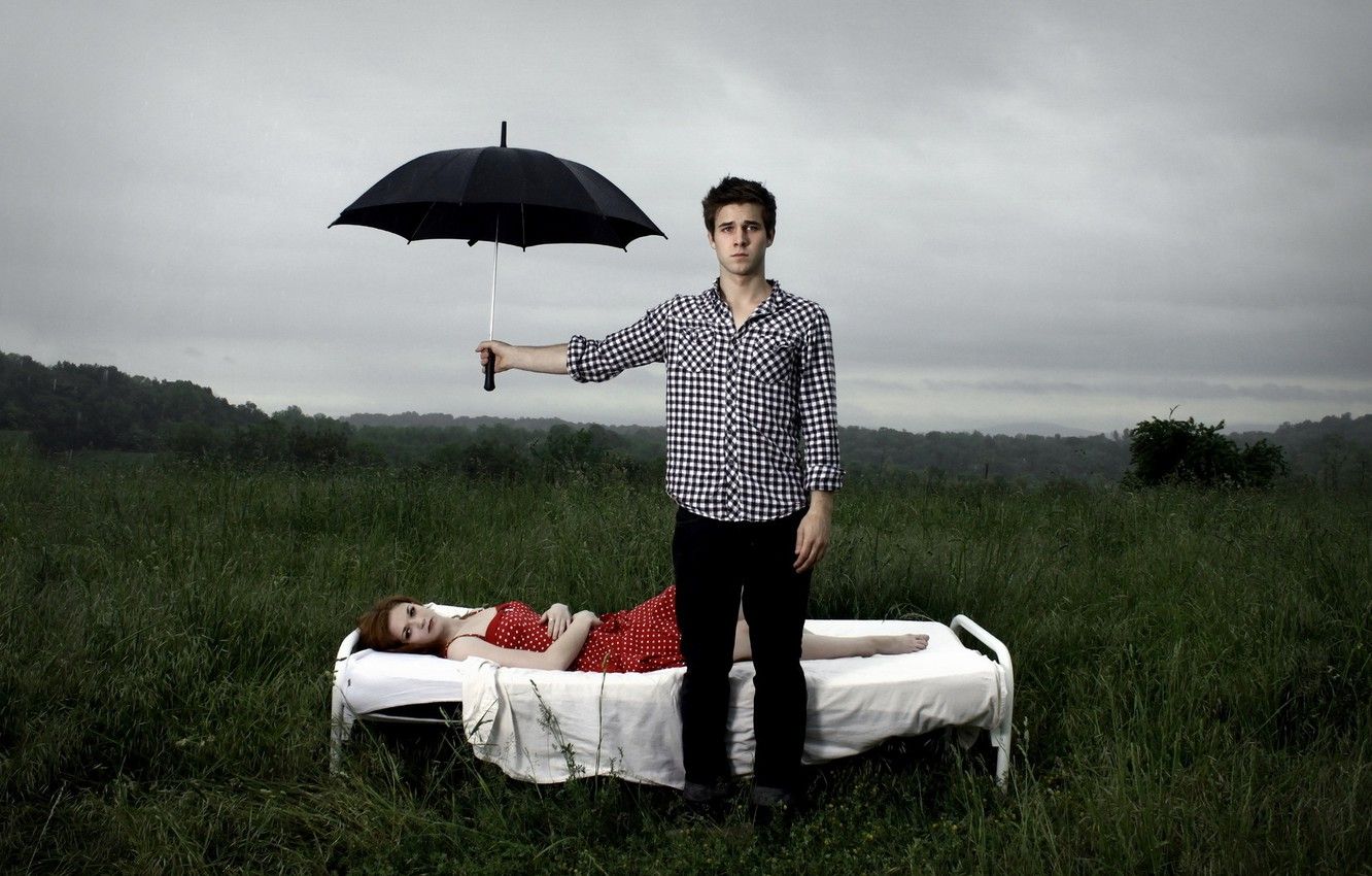 Wallpaper field, umbrella, guy, devuschka image for desktop