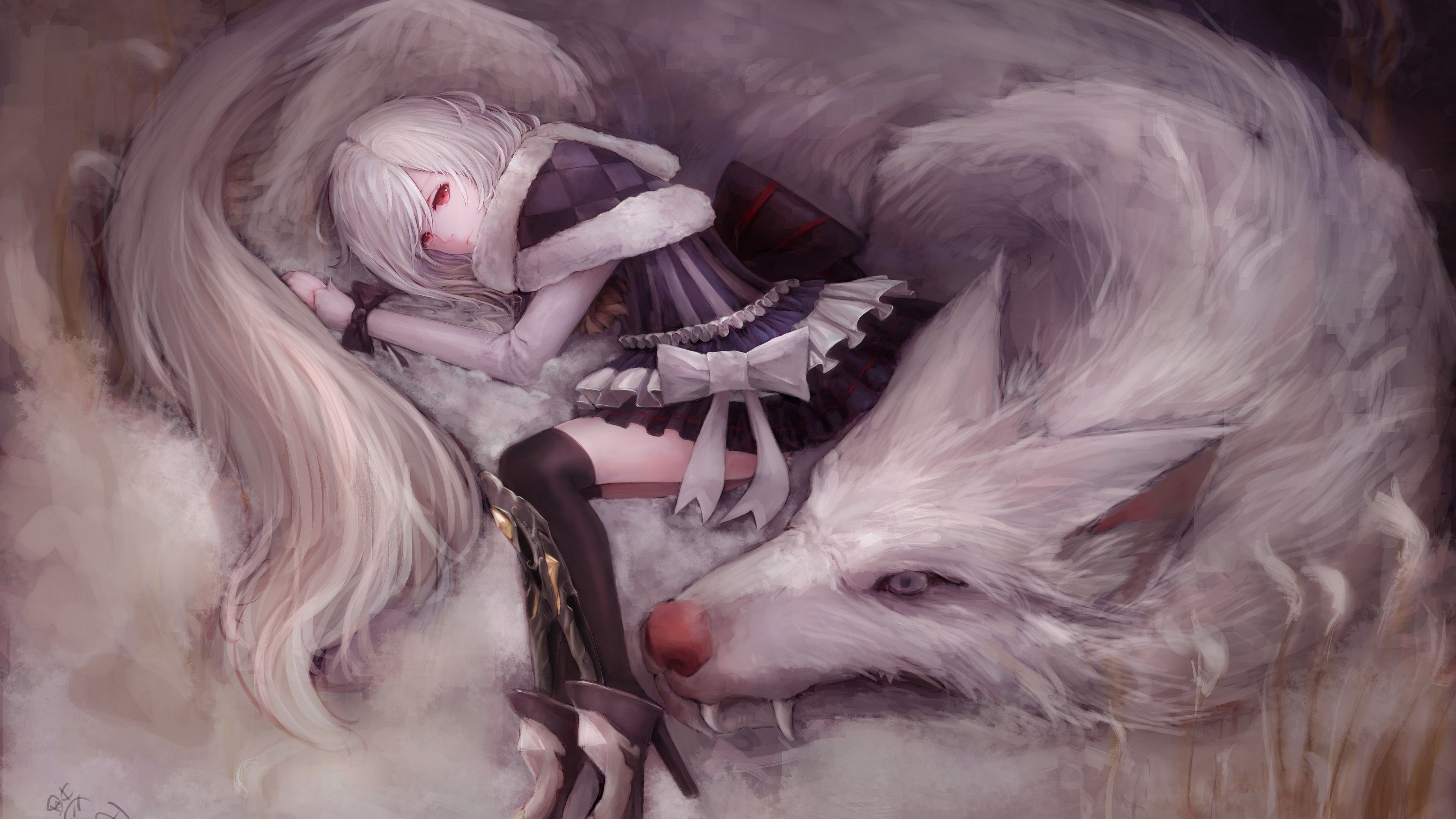 wolf, Animals, Red Eyes, Anime Girls, Fantasy Art Wallpaper HD
