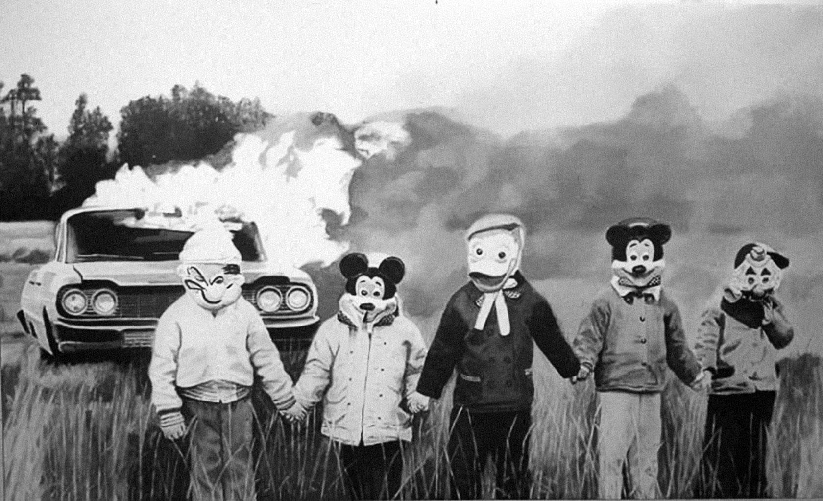 Creepy, vintage photo of masked figures ie; Popeye, Mickey Mouse