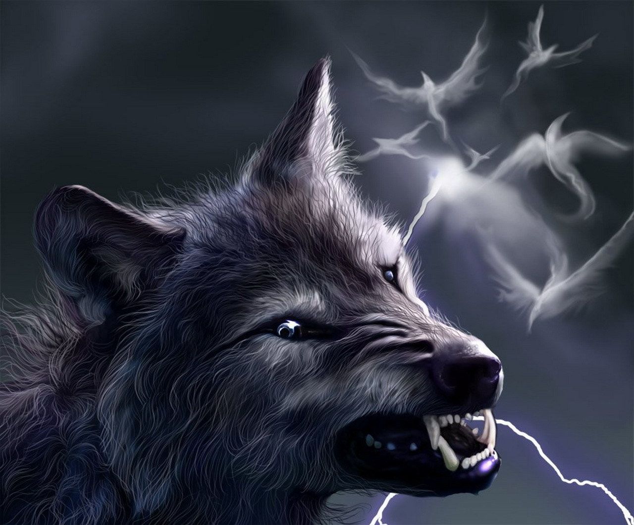 wolves fantasy. Fantasy Wolf Grin Lightning Birds Werewolf HD