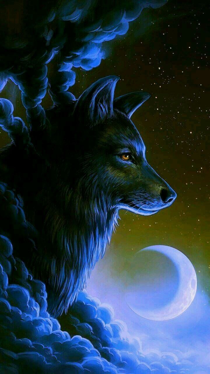 Celestial Wolf with Crescent Moon