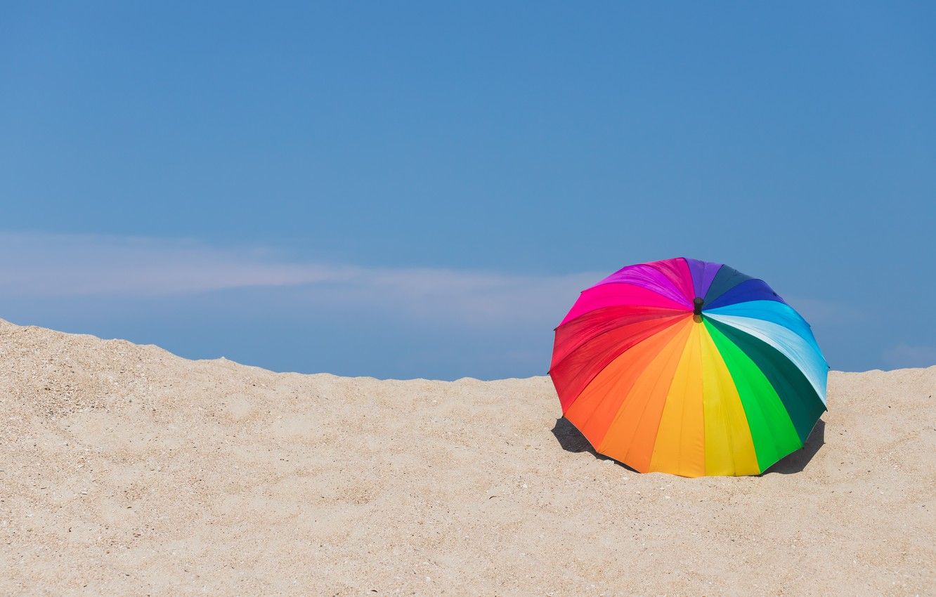 Wallpaper sand, beach, summer, umbrella, colorful, rainbow, summer