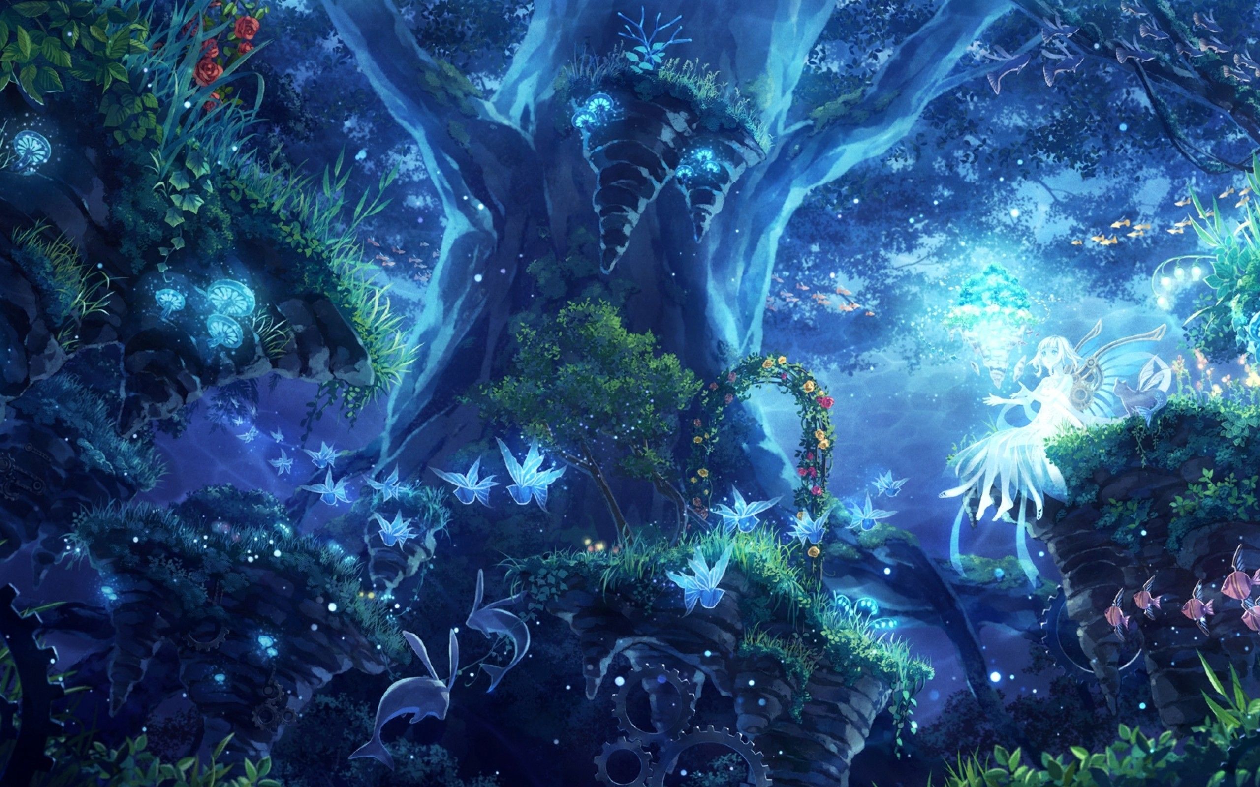 Download 2560x1600 Anime Girl, Fairy Forest, Butterflies, Plants.