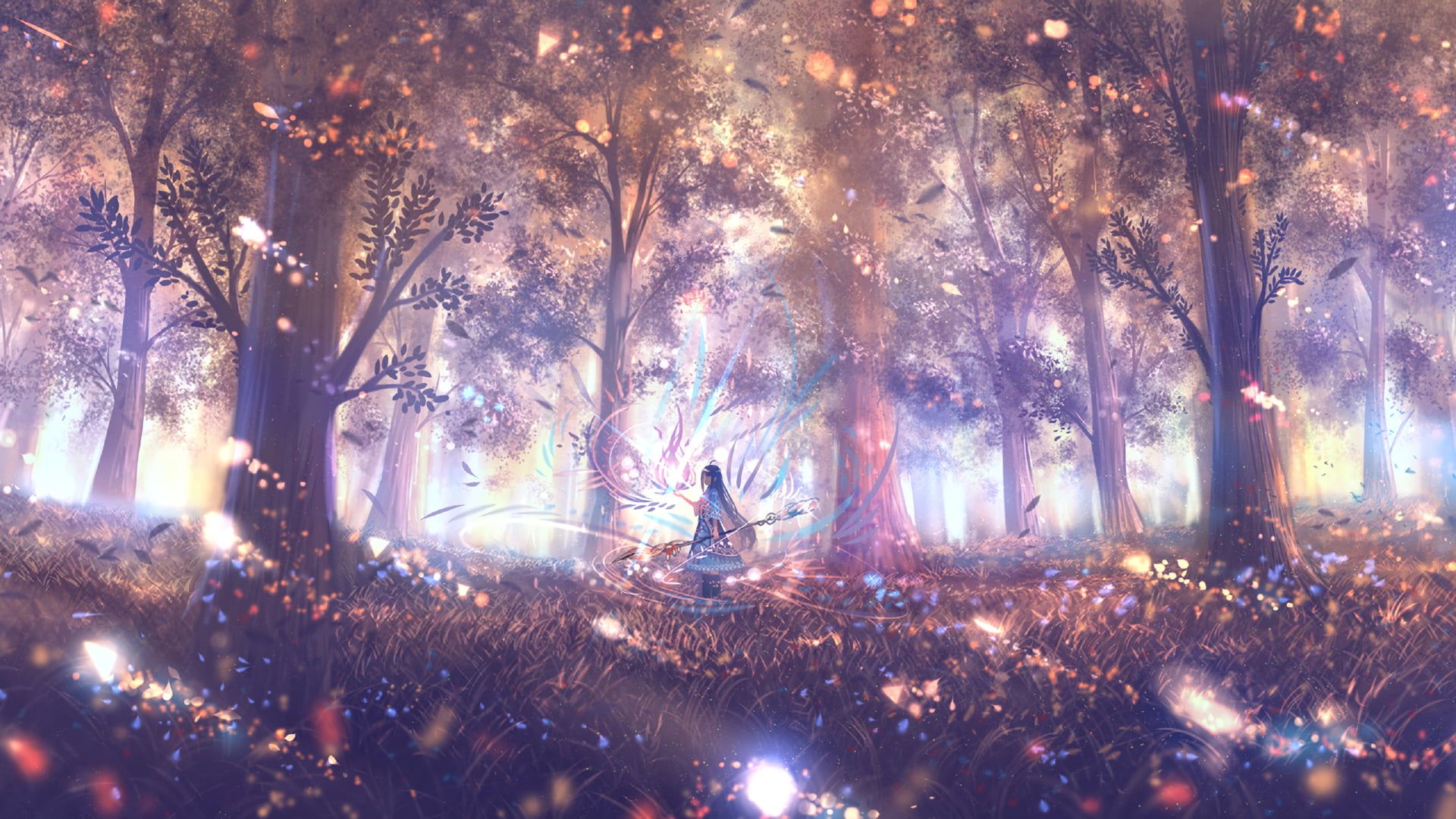 Character in forest fairy tale anime, forest, long hair, staff HD