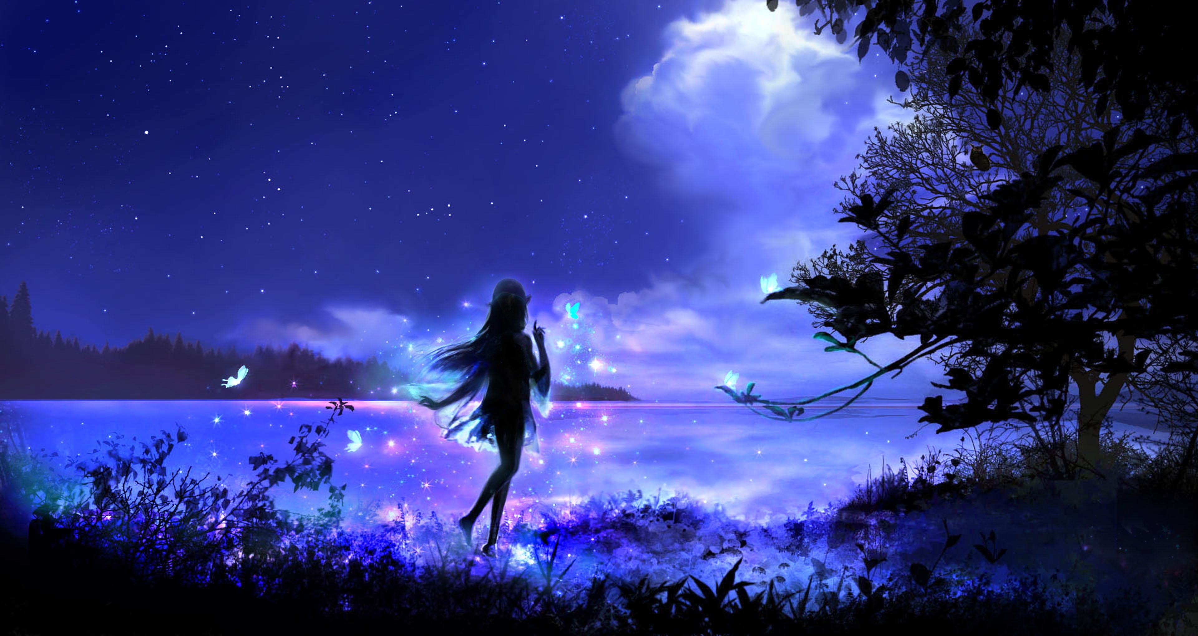 Silhouette of elf illustration, forest, fairies, lake, stars HD