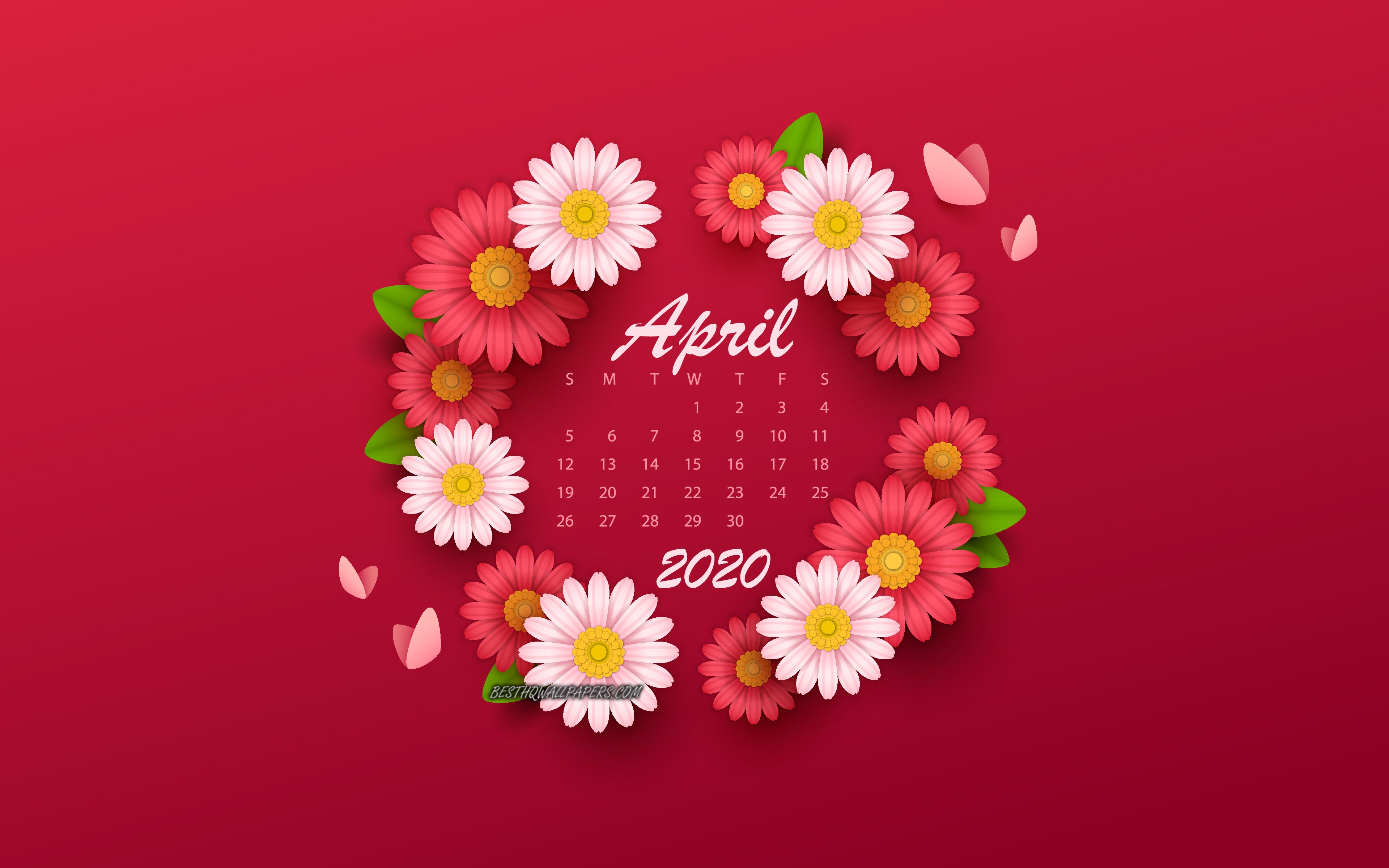 Download wallpaper 2020 April Calendar, background with flowers
