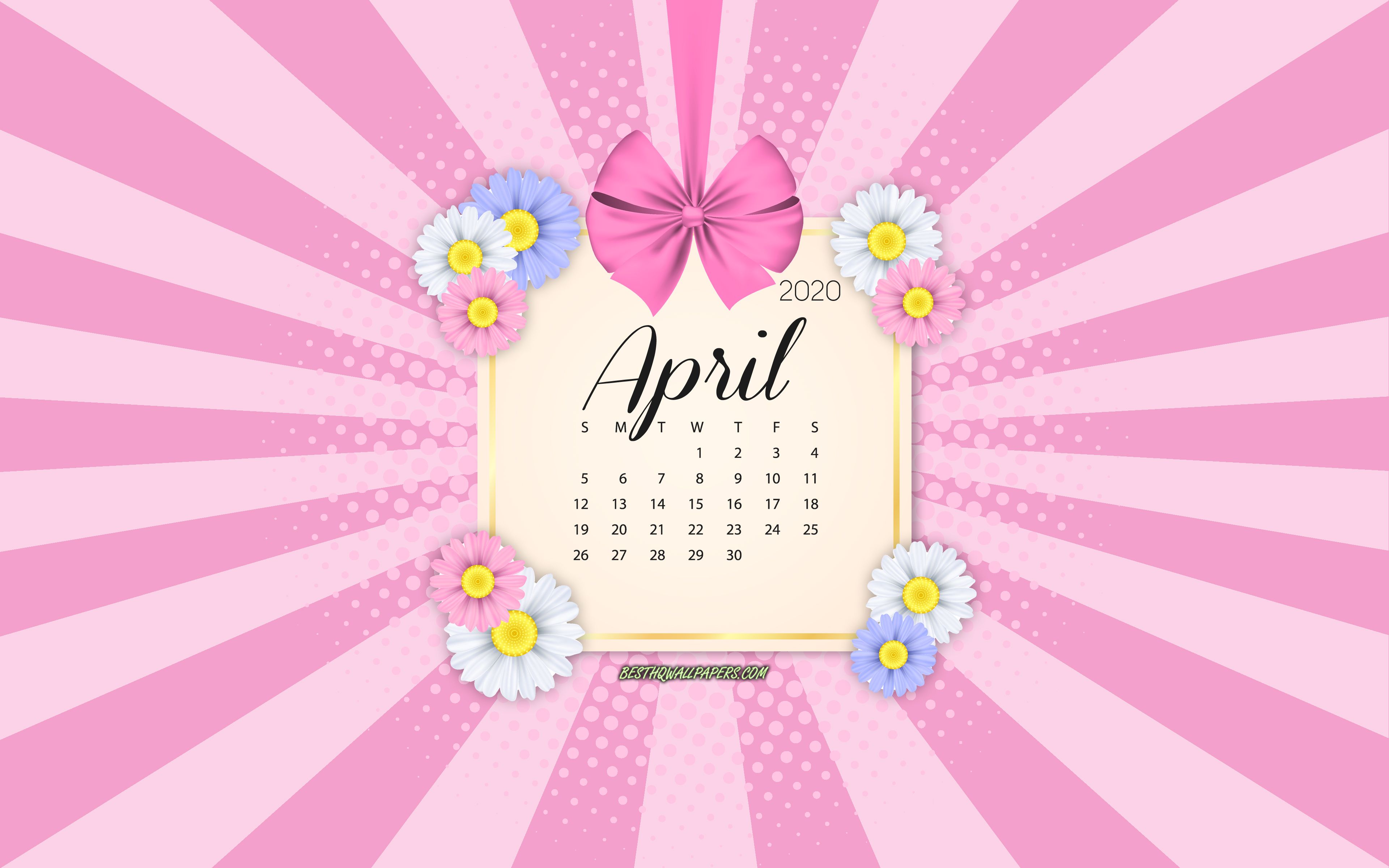 Download wallpaper 2020 April Calendar, pink background, spring