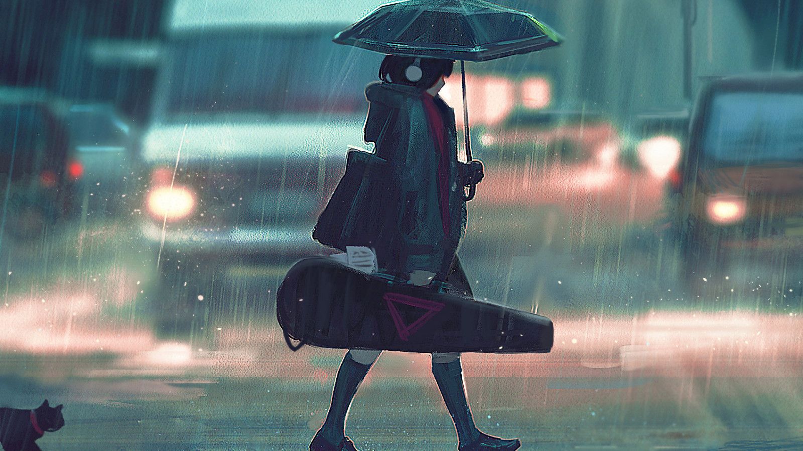 Anime Girl With Guitar Passing Street 1600x900 Resolution