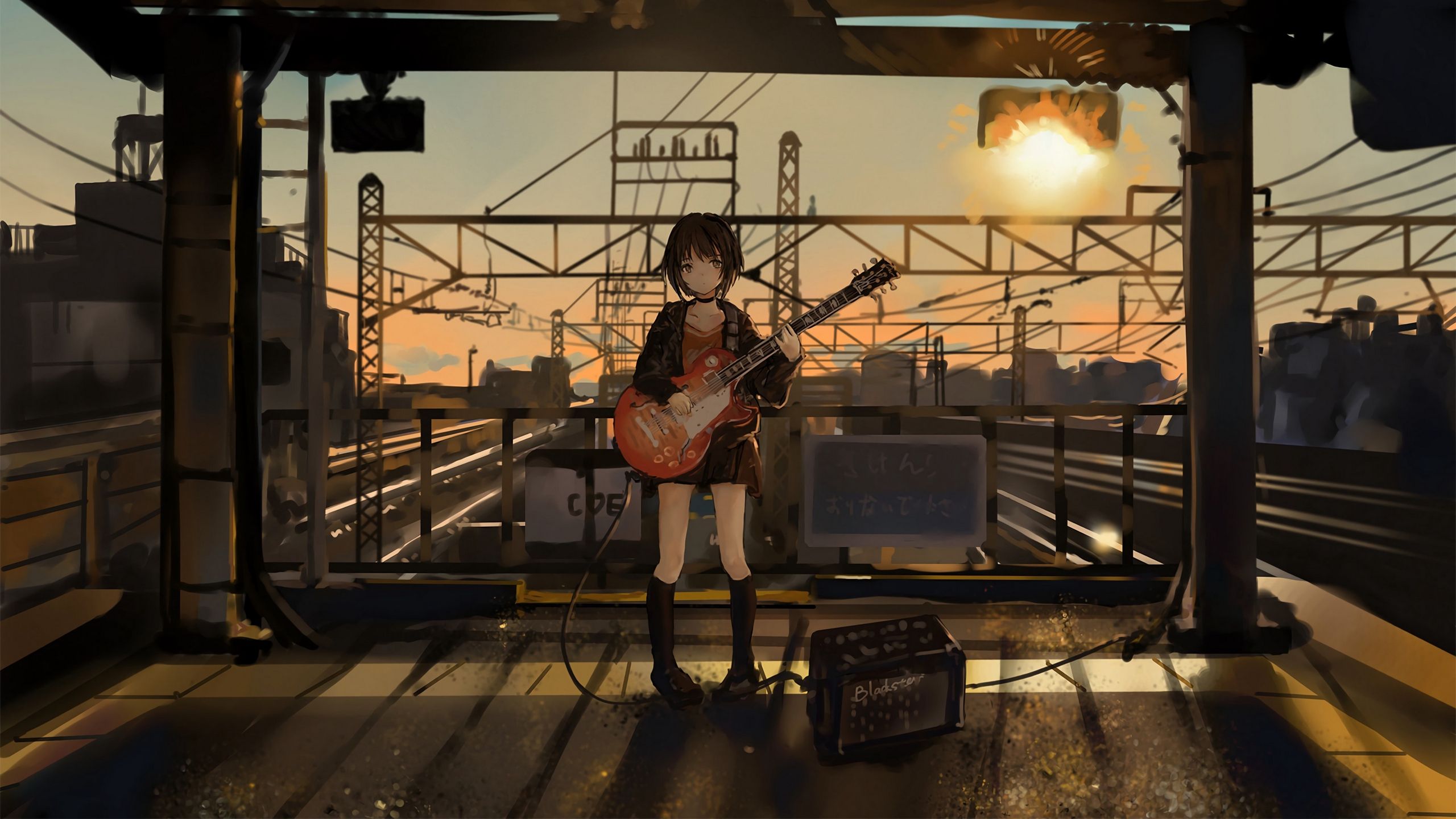 Download wallpaper 2560x1440 girl, guitar, anime, musician