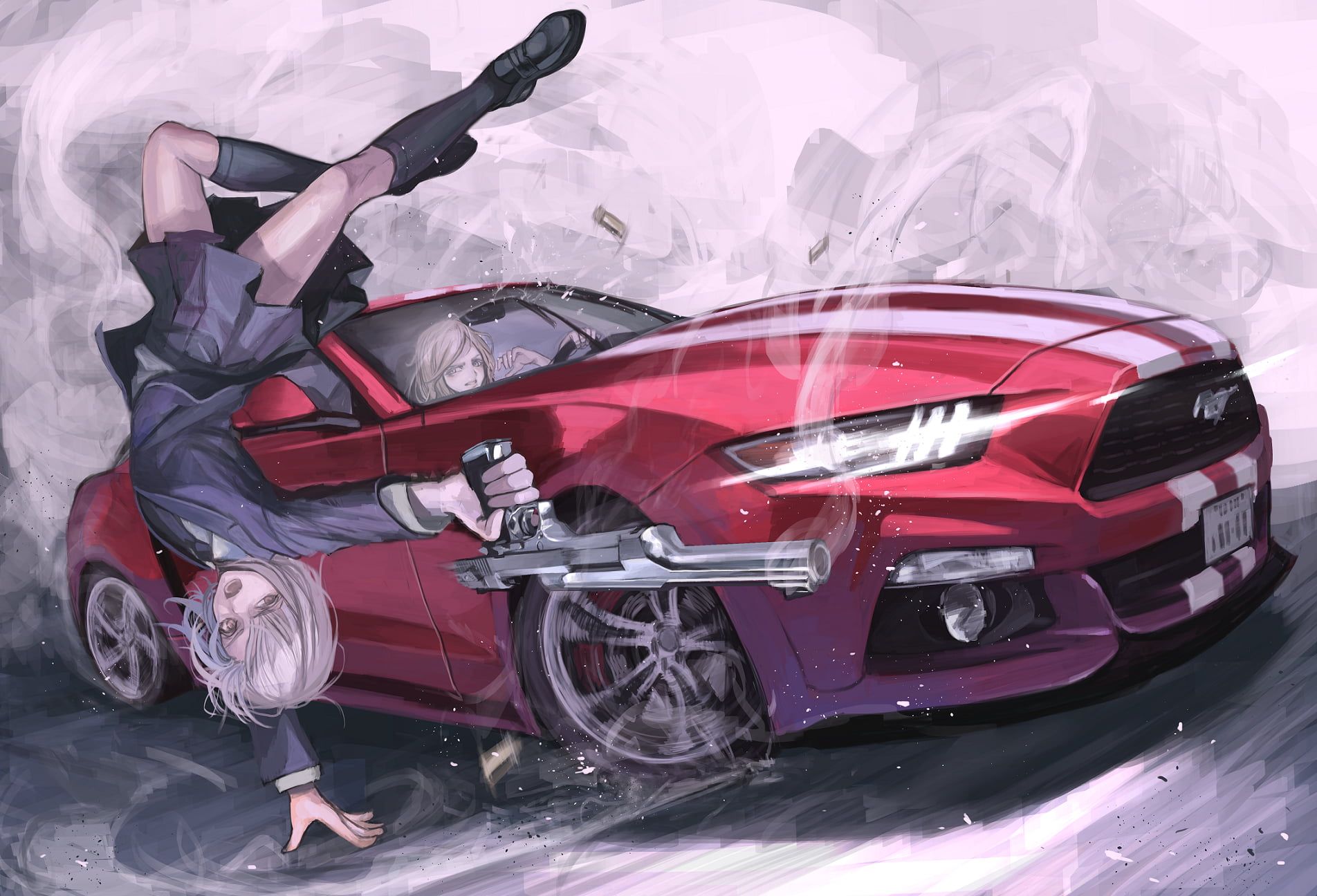 Red and white Ford Mustang with white haired anime character HD