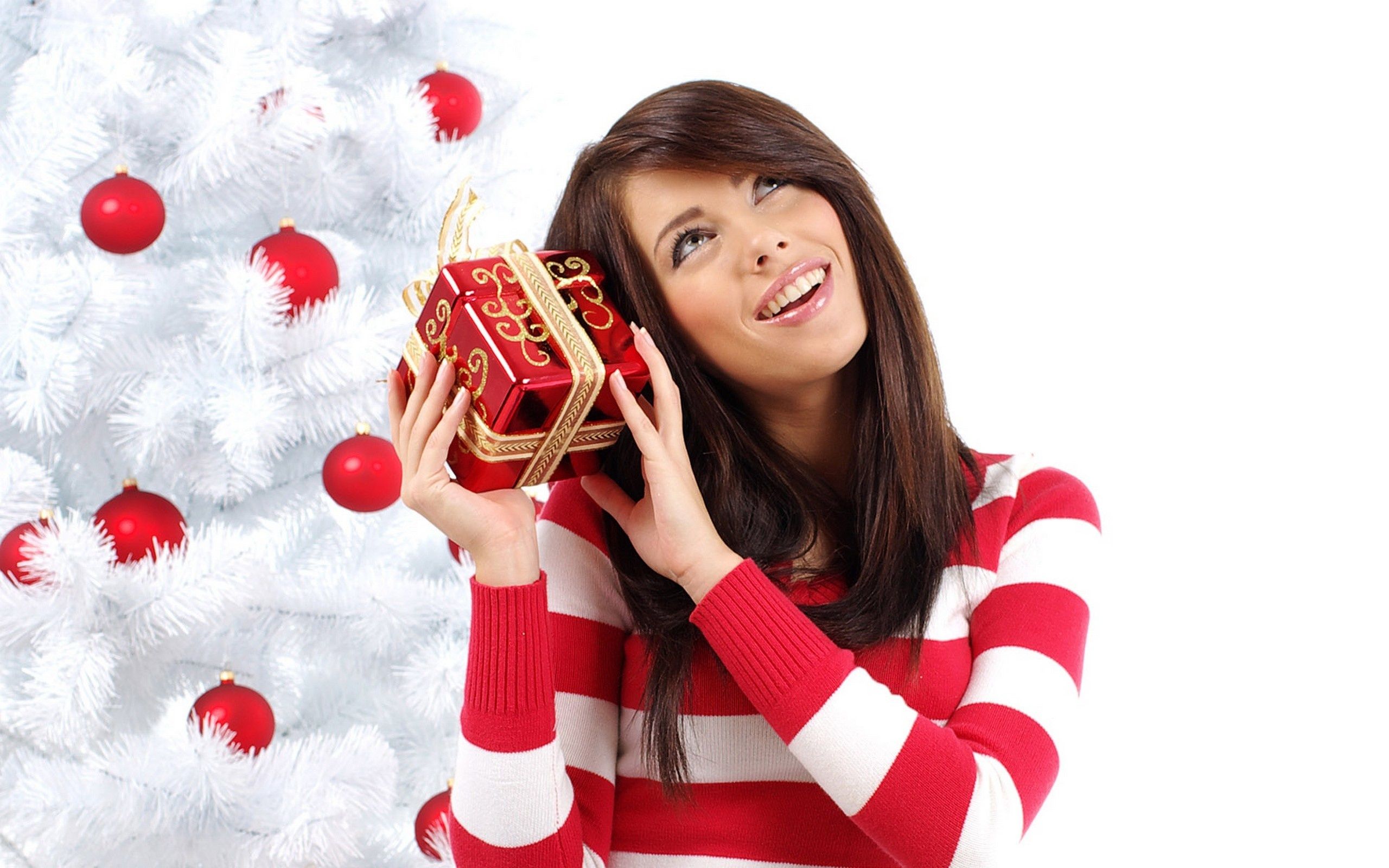 Wallpaper christmas, new year, woman, christmas tree, brunette