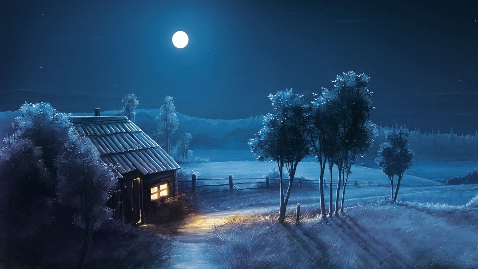 Wallpaper Painting, moon, stars, night, forest, trees, house