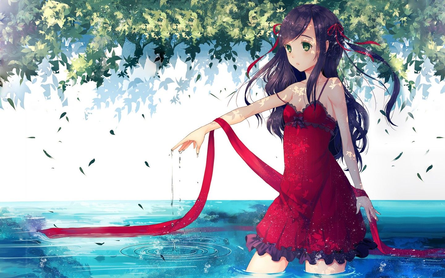 red Dress, Water, Leaves, Anime, Anime Girls Wallpaper HD / Desktop and Mobile Background