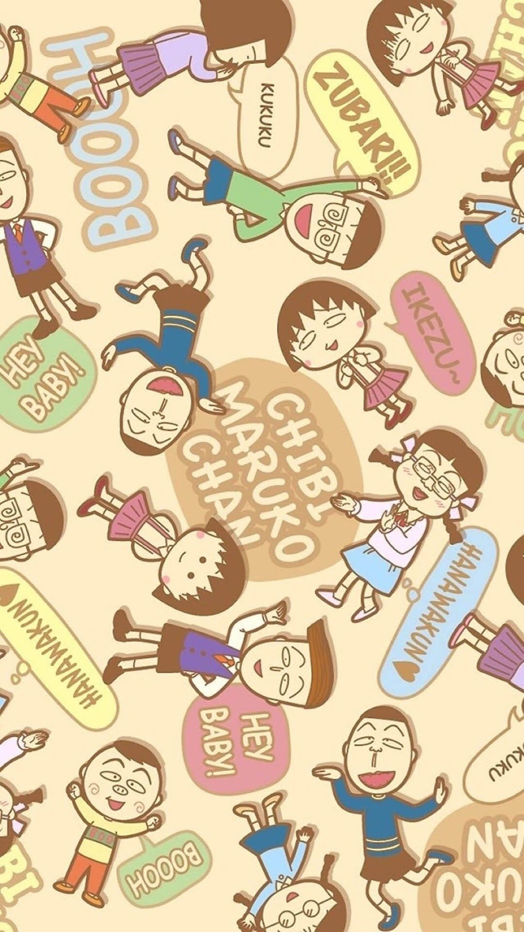 Chibi Maruko Cartoon Pattern Background iPhone 8 Wallpaper Free Download