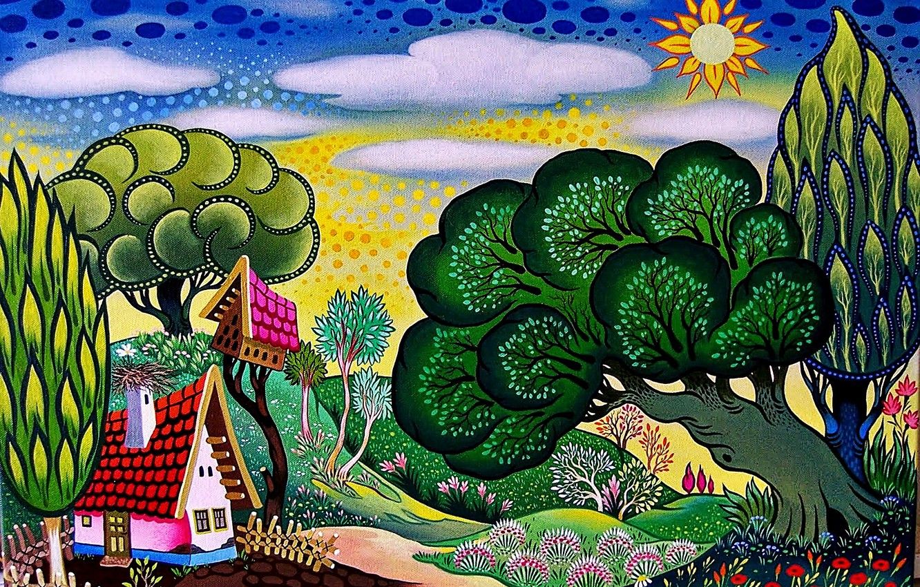 Wallpaper Bright Colors, Abstraction, Tale, Fairy World, Spring Has Come, Funny Illustrations, Humorous Drawings, The Artist Laszlo Kodaly (Hungary), Atiii Coda Same, Naive Painting, The Sun Sky Cloud Houses Trees Flowers Spring Image For Desktop
