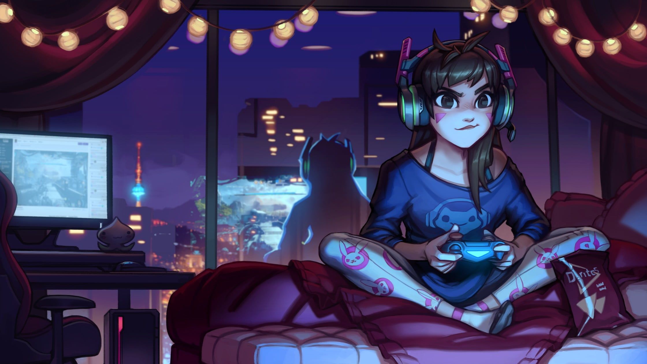 girl sitting on bed holding game controller illustration