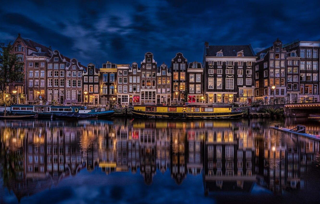 Wallpaper reflection, building, Amsterdam, channel, Netherlands