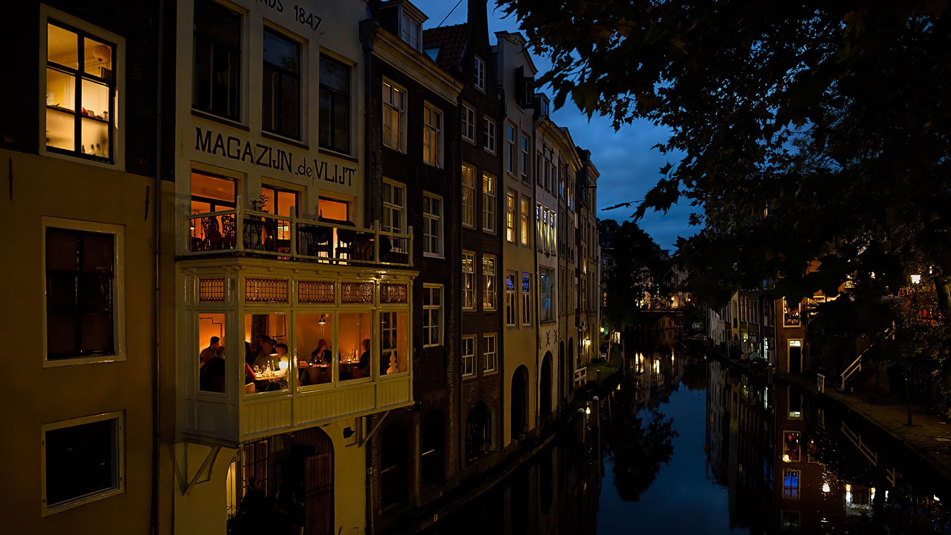 Desktop Wallpaper Netherlands Canal Evening Cities Houses 1920x1080