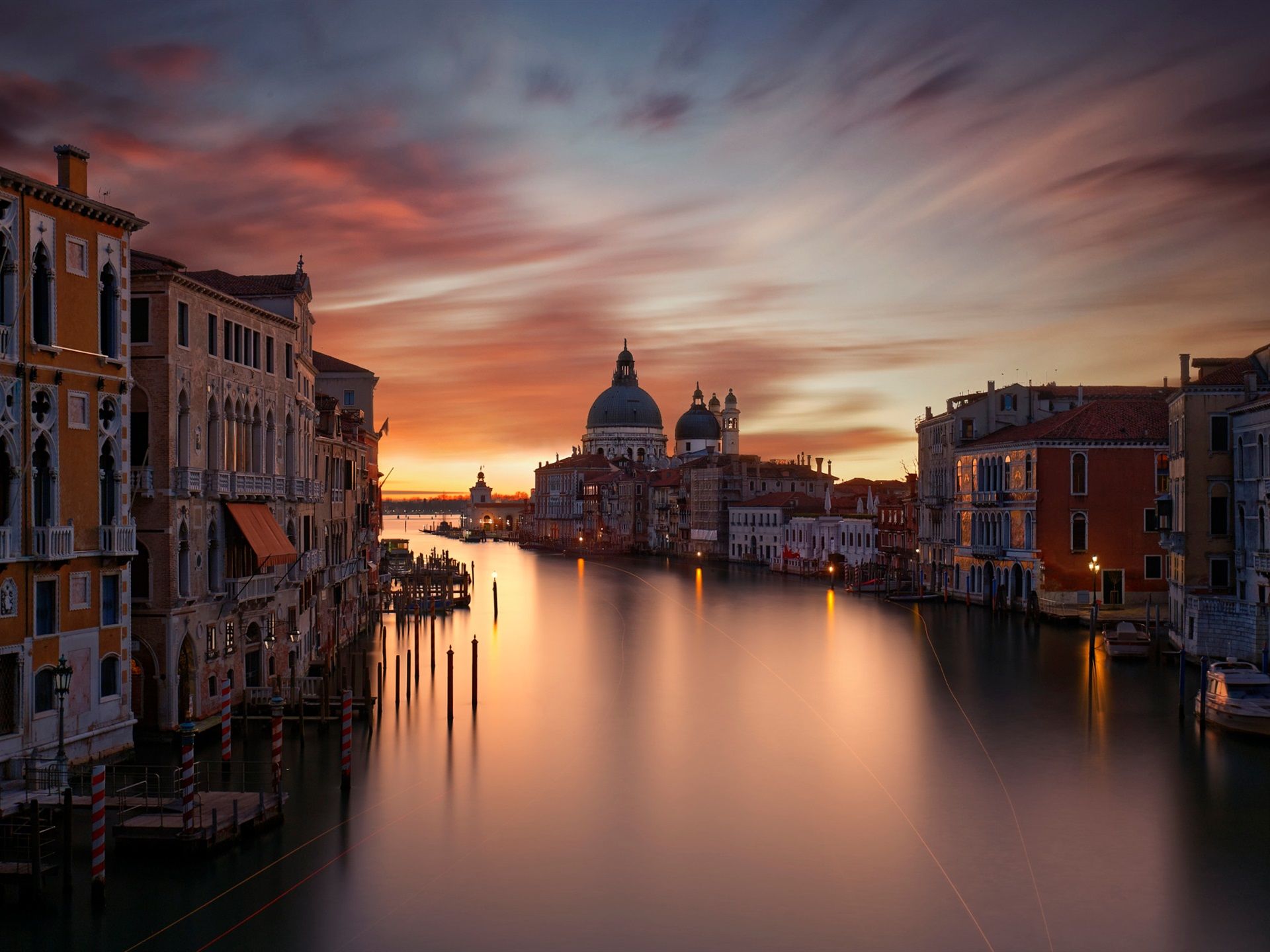 Wallpaper City, houses, Grand canal, evening, red sky, Venice