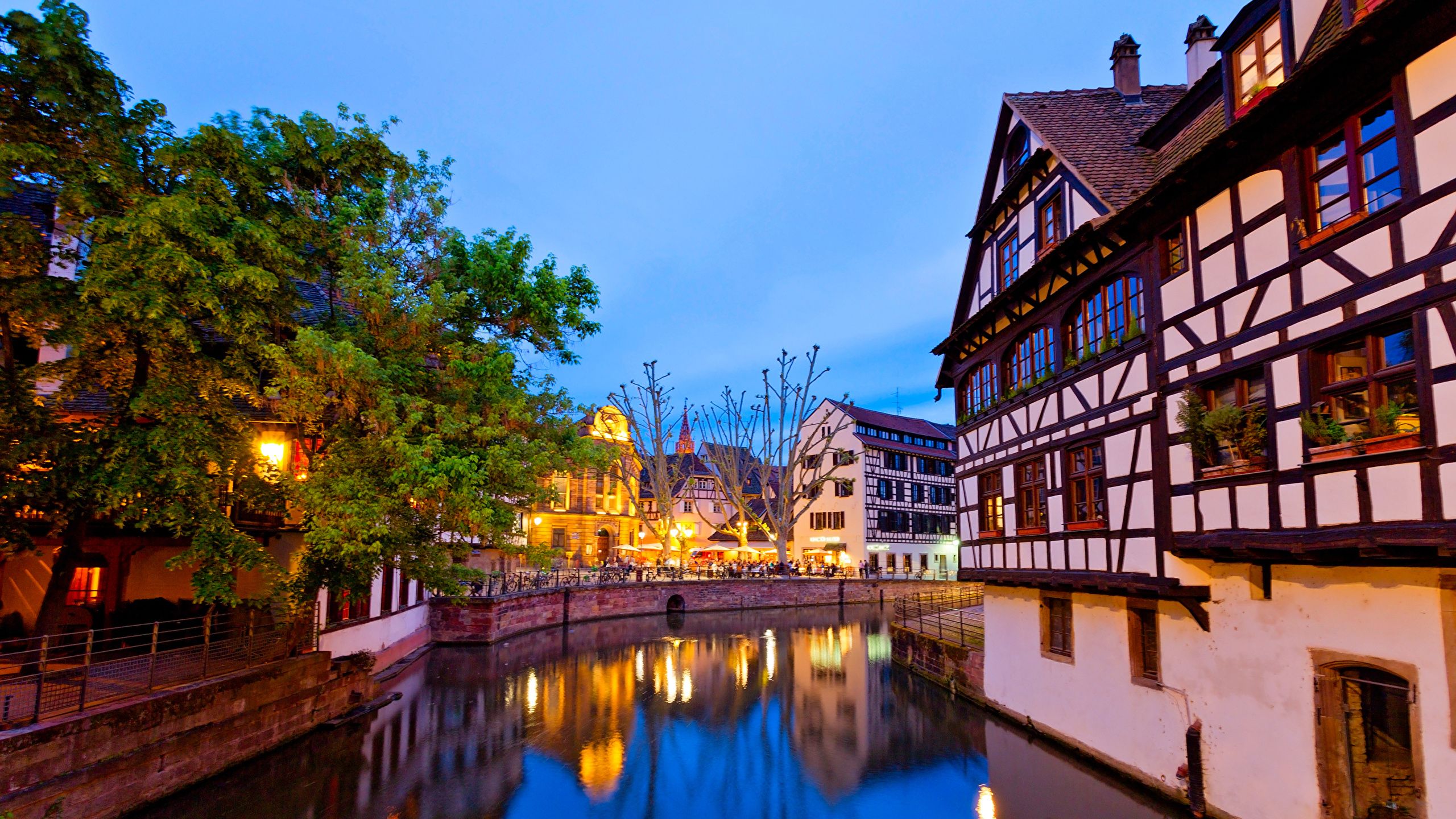 image Strasbourg France Canal Evening Cities Houses 2560x1440