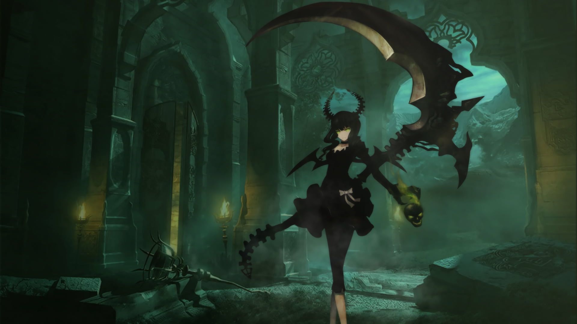 Female anime character with scythe digital wallpaper, Black Rock