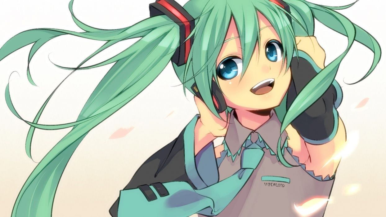 Headphones Vocaloid Hatsune Miku blue eyes tie long hair green