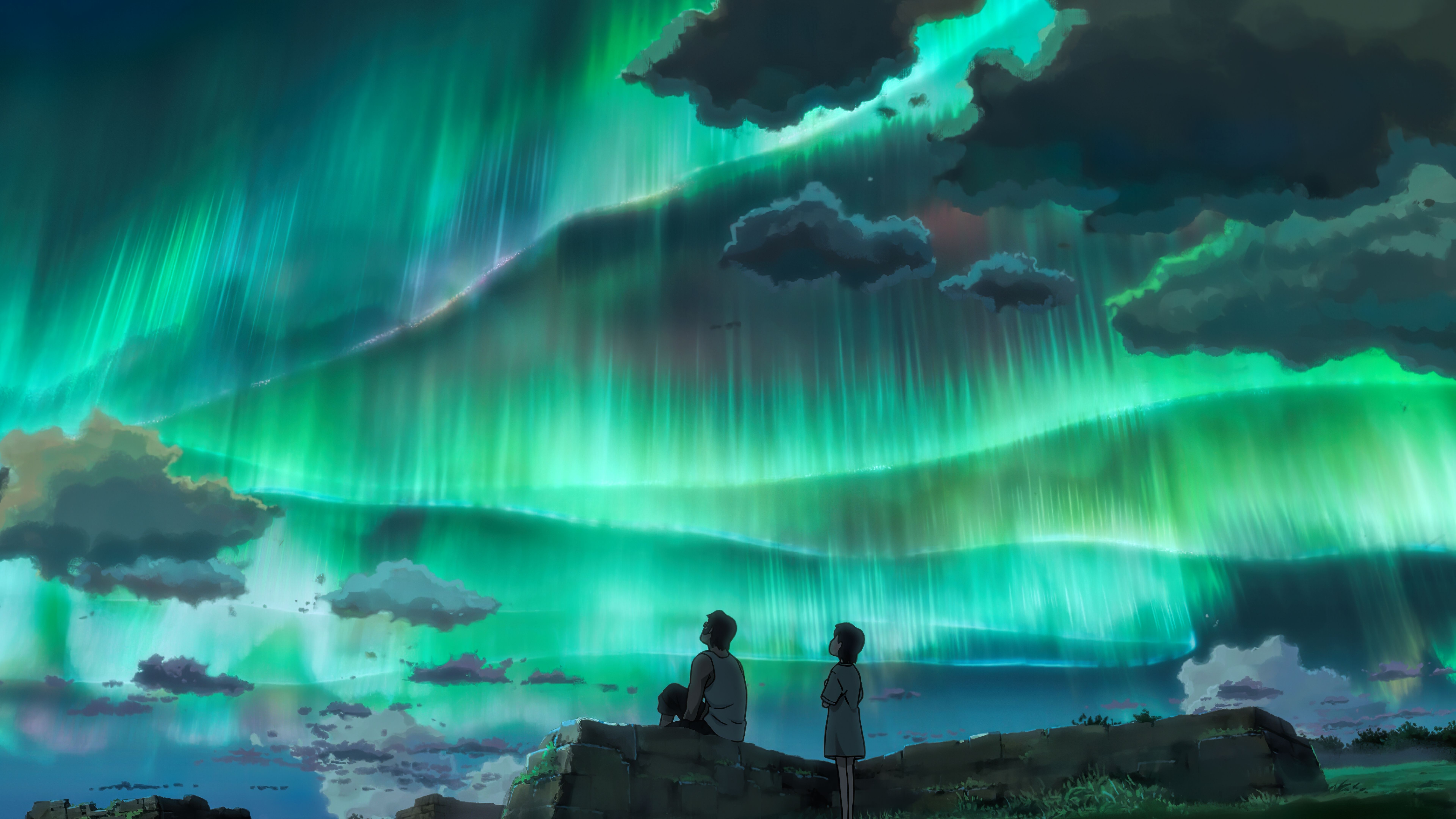 Anime Couple Looking At Aurora Sky 8k, HD Anime, 4k Wallpaper