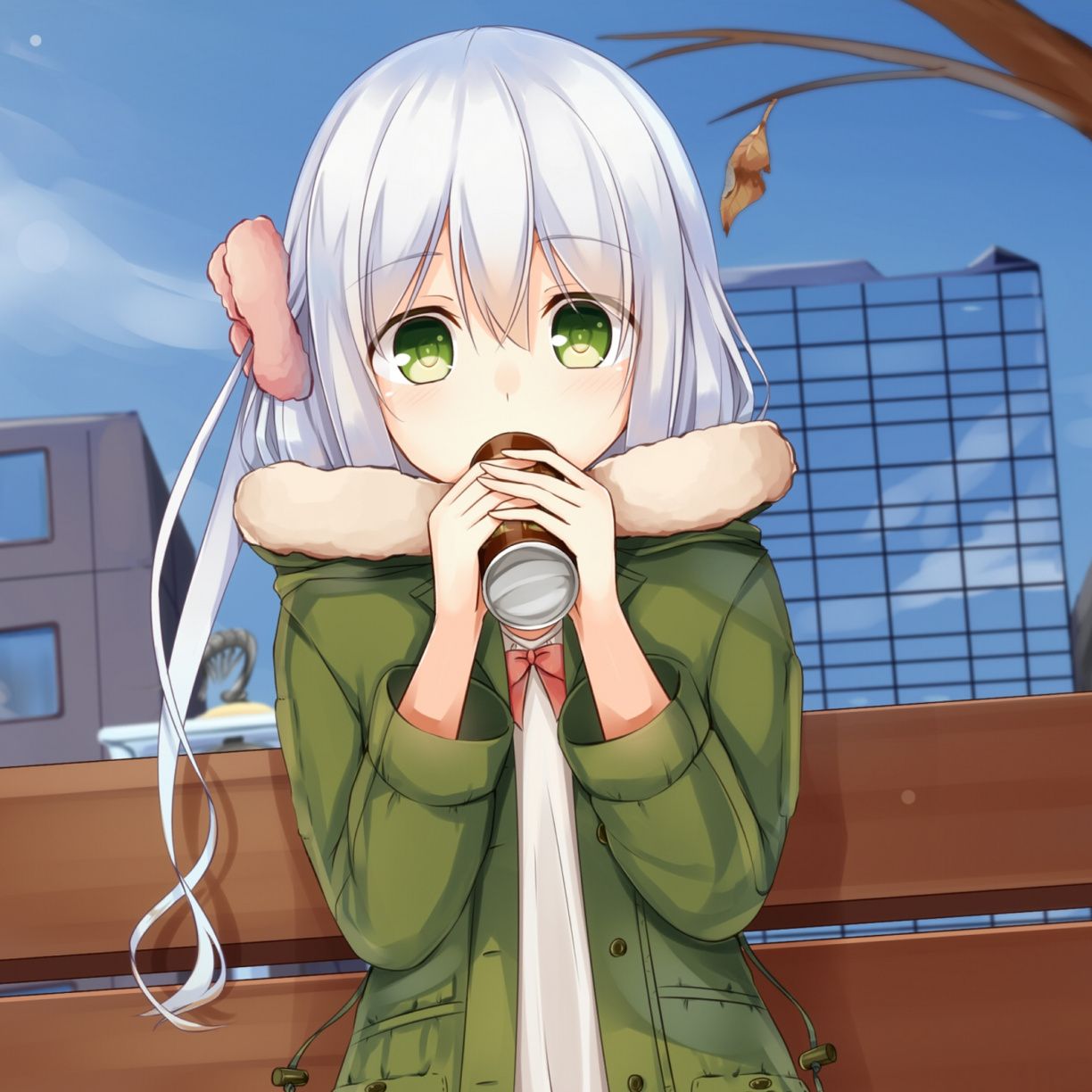 Cute and shy, white hair, anime girl, green eyes wallpaper