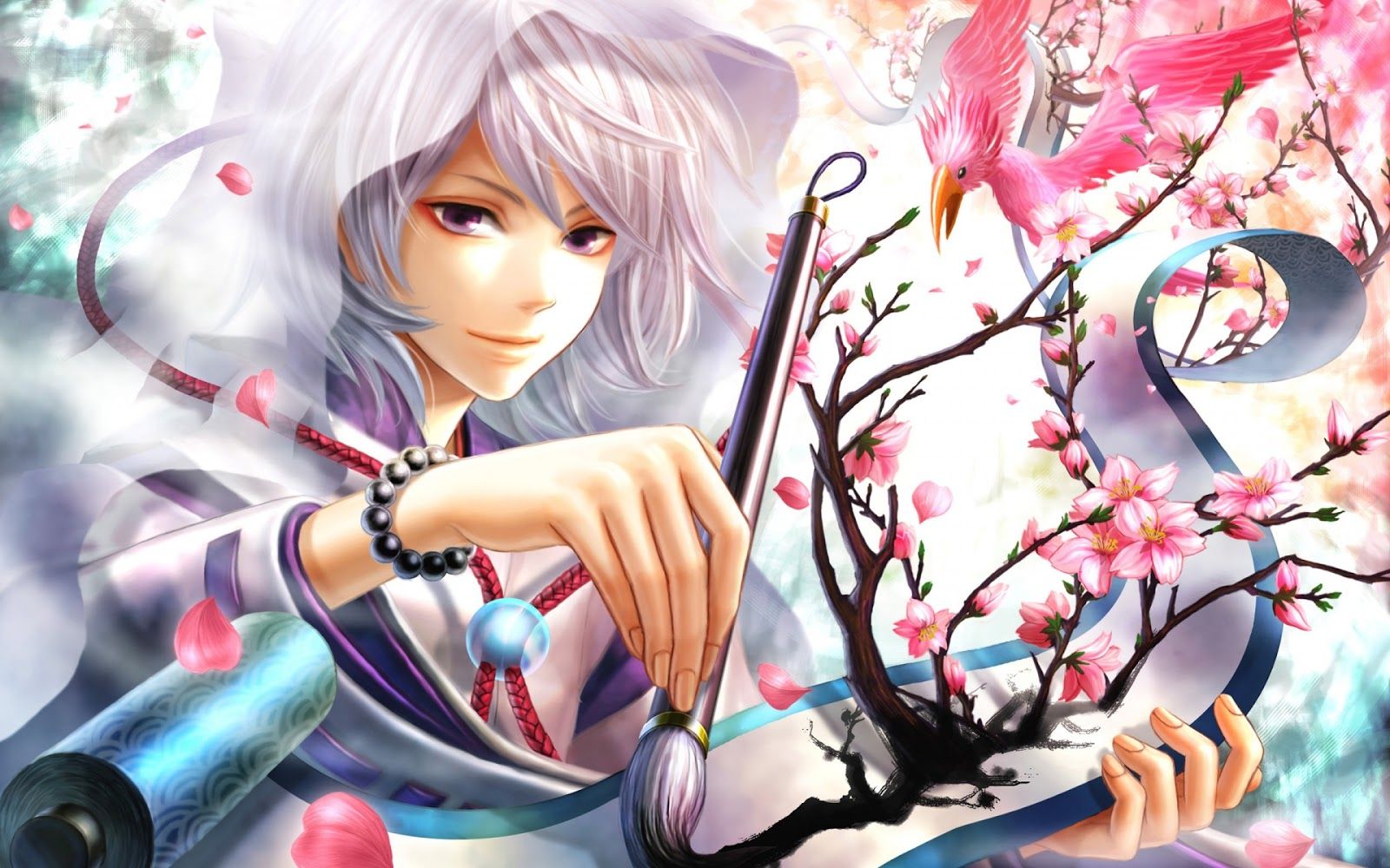 Free download Cute Guy Artist Painting Flowers White Hair Anime HD