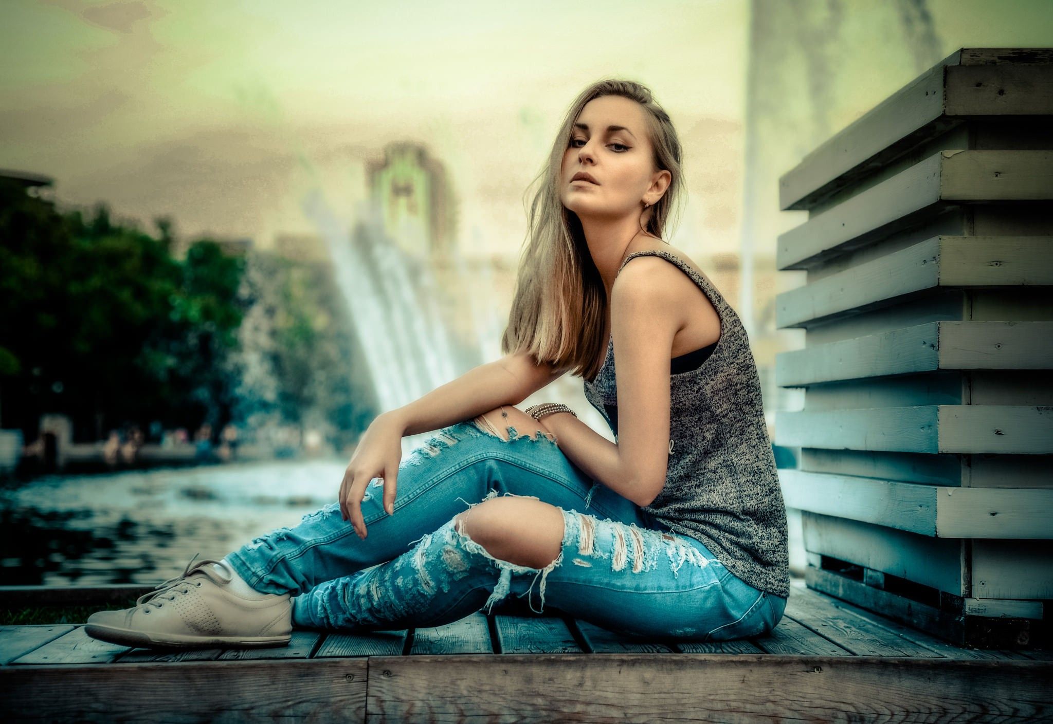 #torn jeans, #sitting, #women, #model, #blonde, wallpaper
