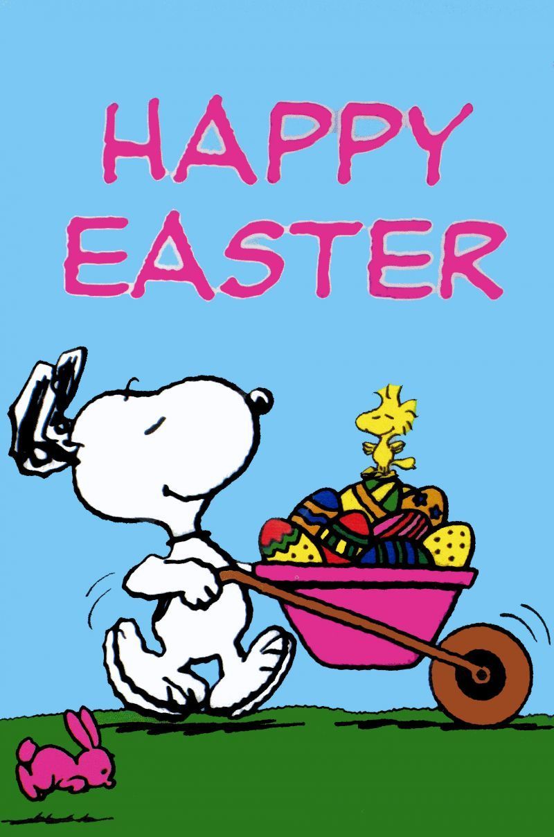 Happy Easter Pushing a Wheelbarrow Full of Easter Eggs