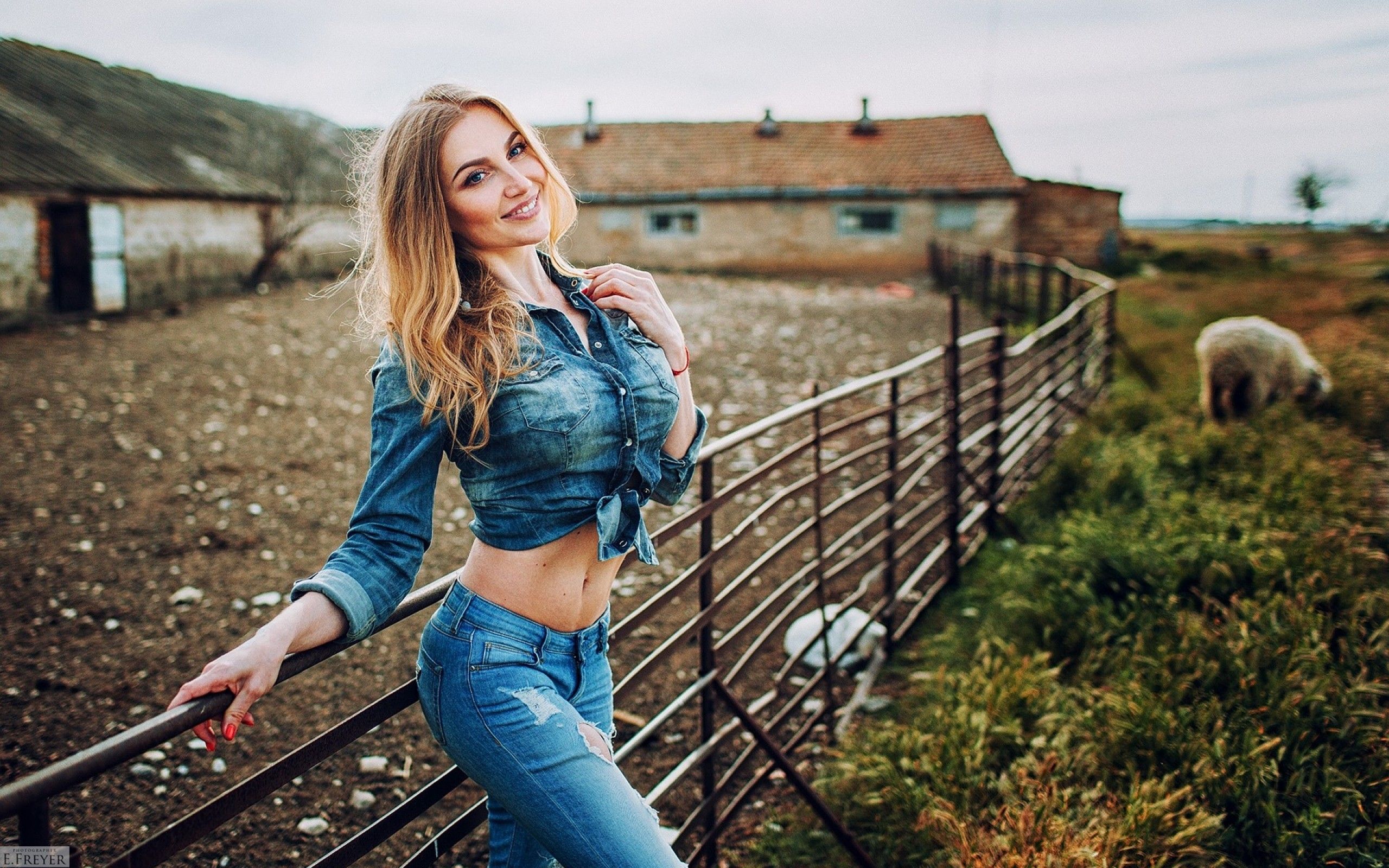 Download 2560x1600 Fence, Model, Women, Jeans Wallpaper