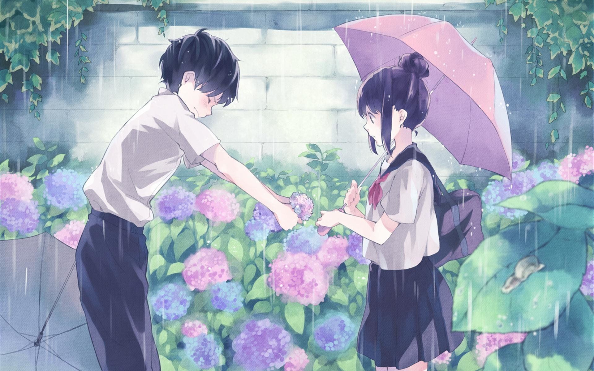 Anime Original Black Hair Boy Girl Rain Romantic School Uniform