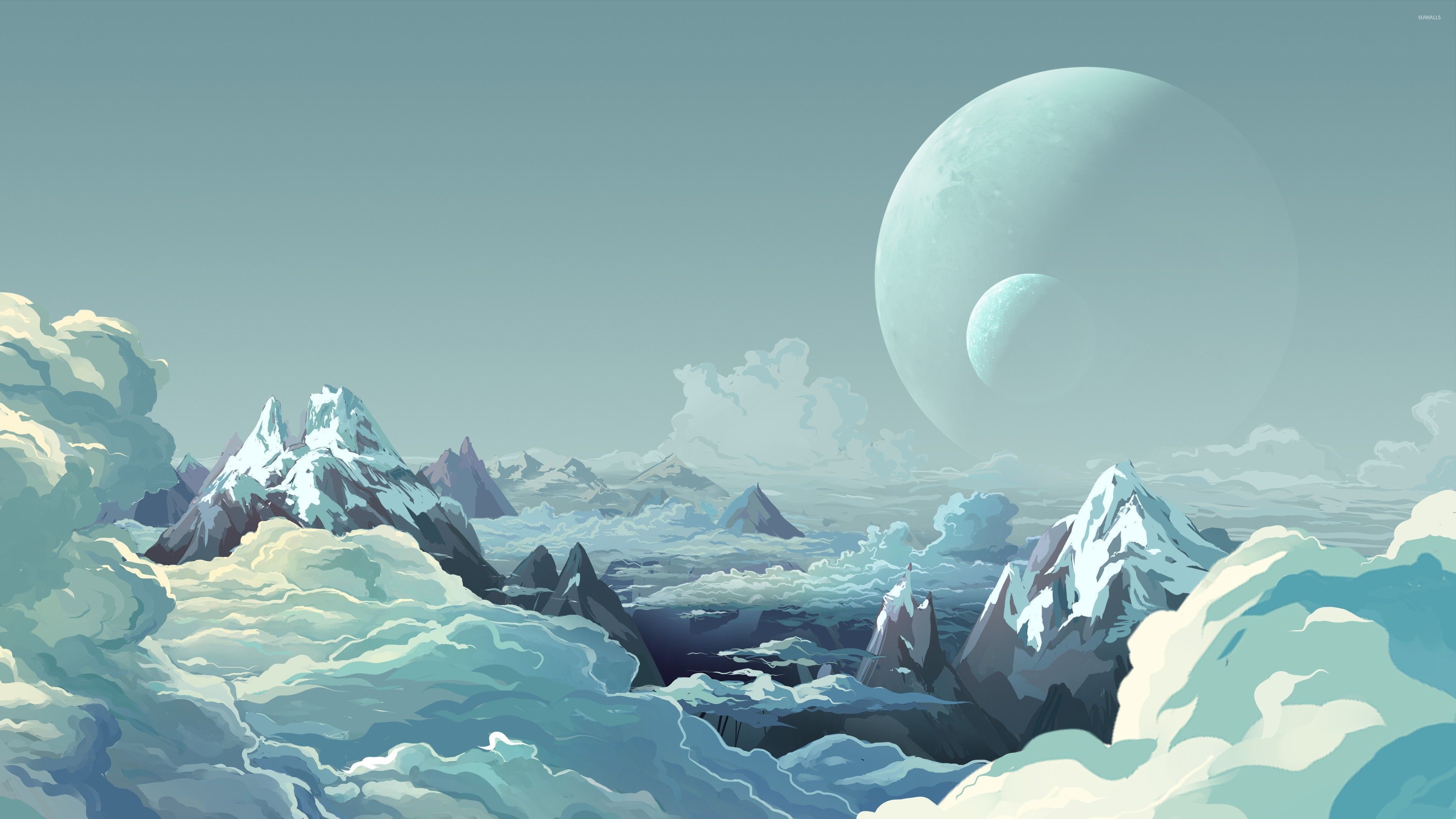 Mountain peaks above the clouds and moons in the sky wallpaper wallpaper