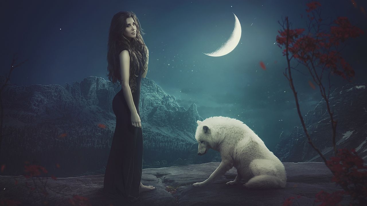 Wallpaper White wolf, Moon, Beautiful girl, HD, Fantasy / Editor's Picks,. Wallpaper for iPhone, Android, Mobile and Desktop