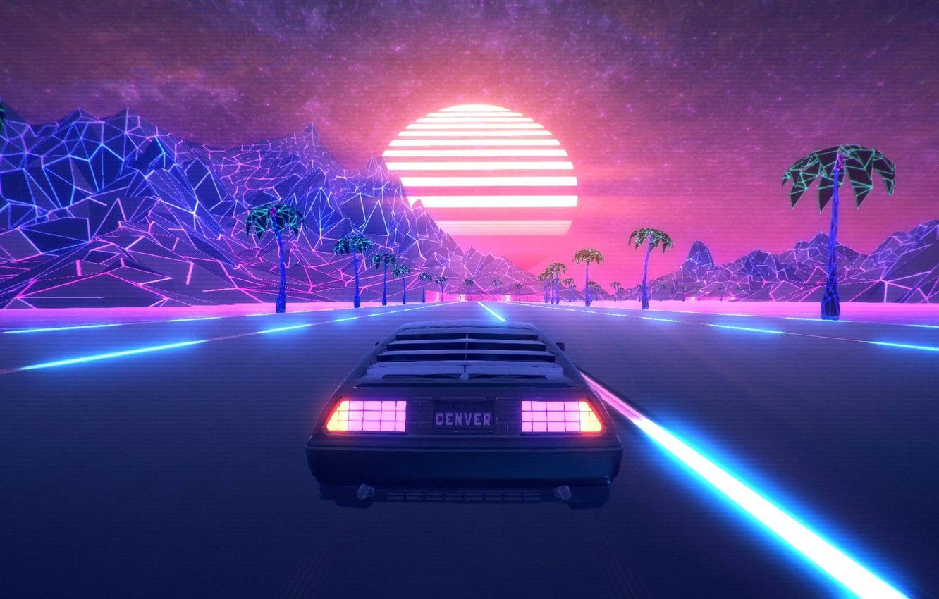 Wallpaper Road, The game, Neon, Machine, Palm trees, DeLorean DMC
