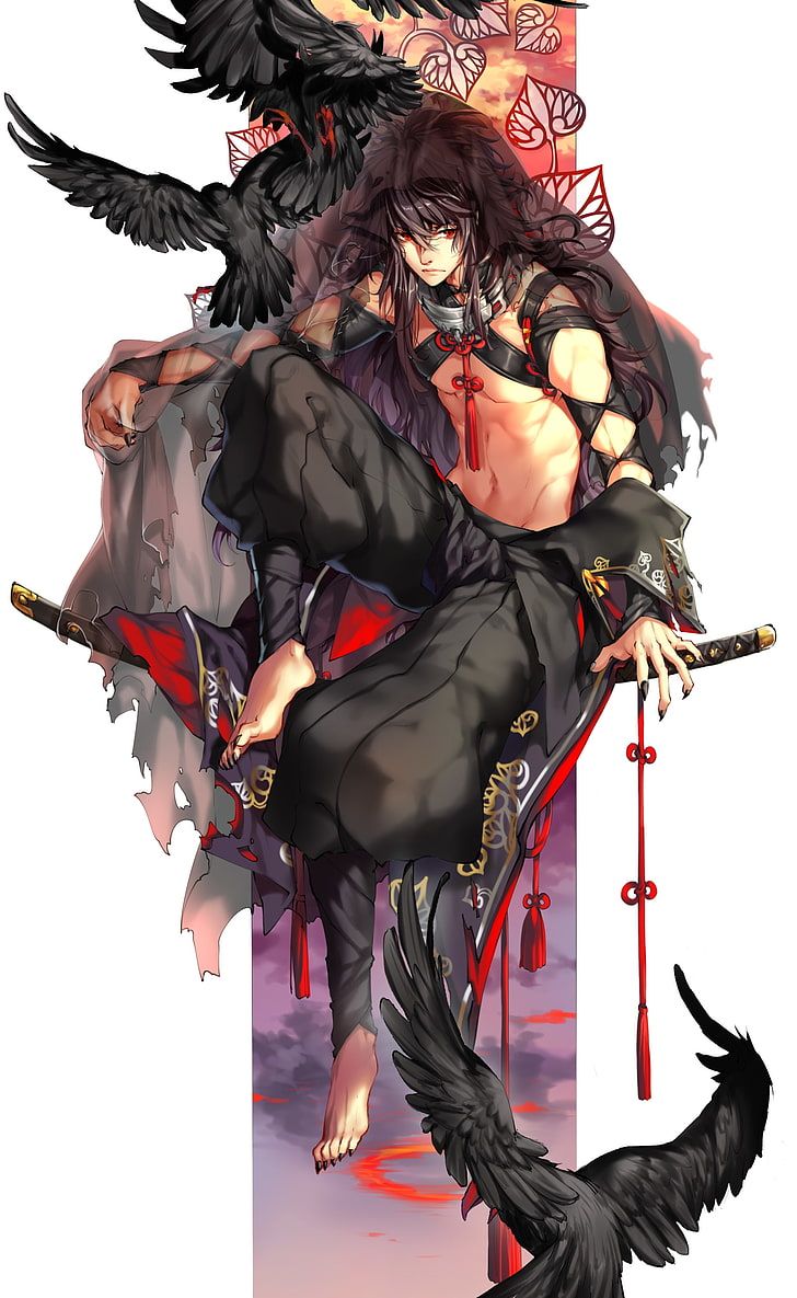 HD wallpaper: anime boy, crows, katana, red eyes, sharp nails