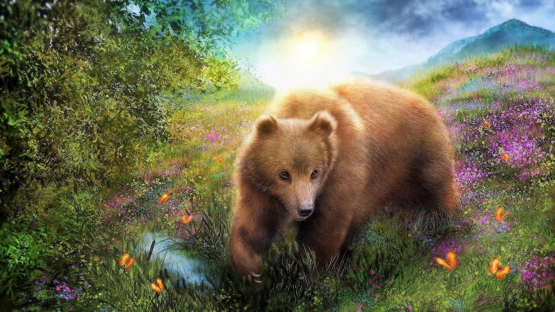Painting of a Bear in Spring Field HD Wallpaper. Background Image