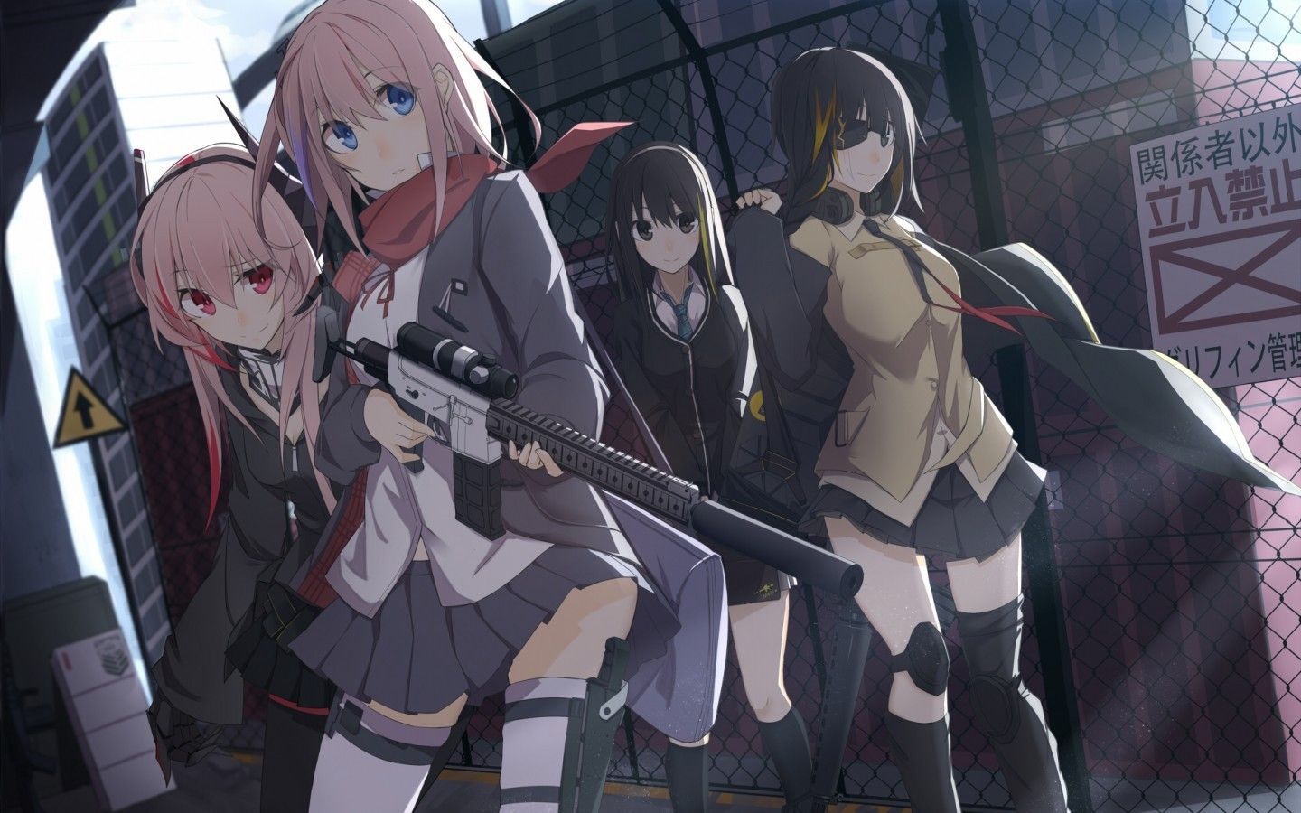 Download 1440x900 Anime Girls, Group, Guns, Eyepatch, Pink Hair