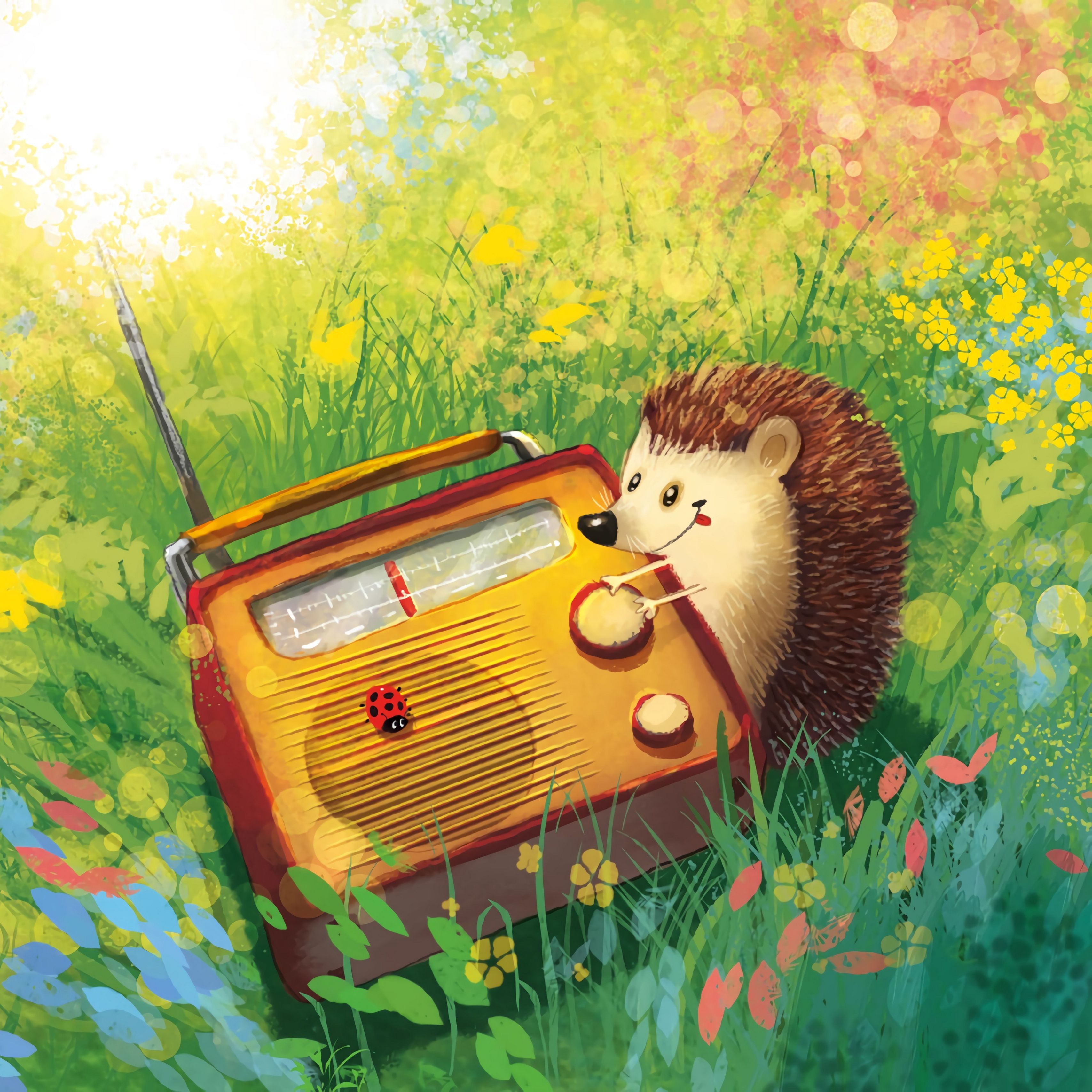 Download wallpaper 3415x3415 hedgehog, radio, grass, art, cute