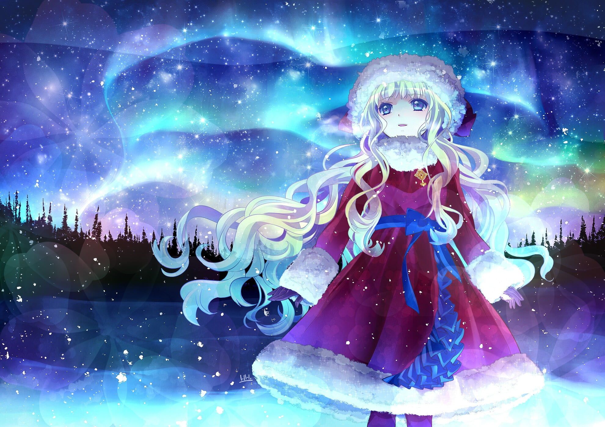 White haired female anime wallpaper, aurorae, winter, snow HD