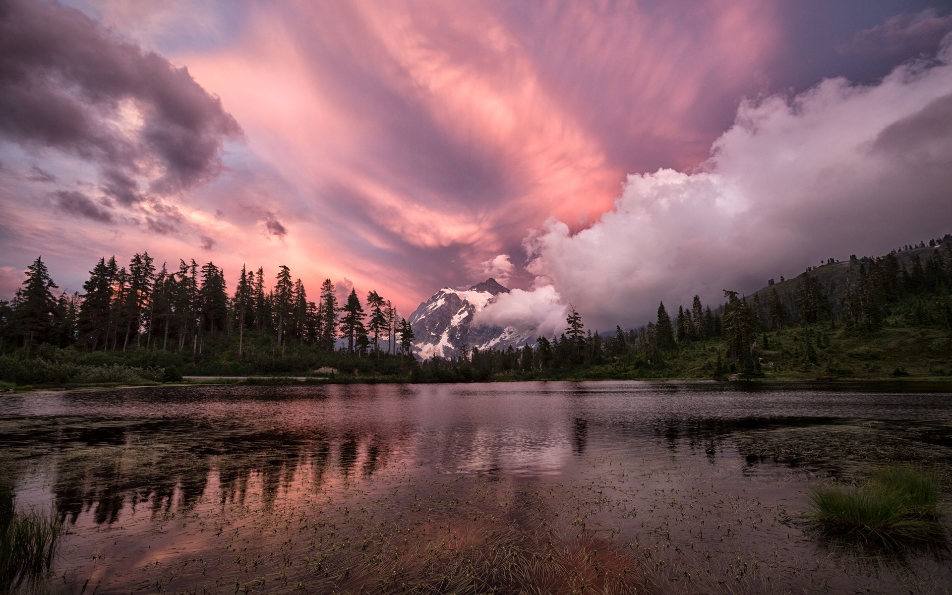 Wallpaper Purple sky, mountains, clouds, forest, lake, sunset