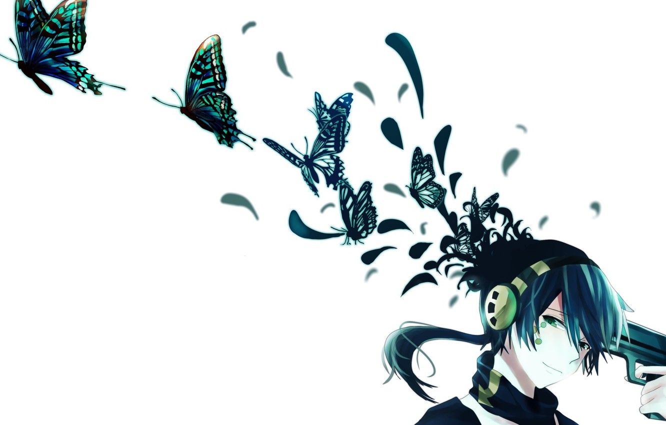 Wallpaper butterfly, smile, gun, anime, headphones, art, guy