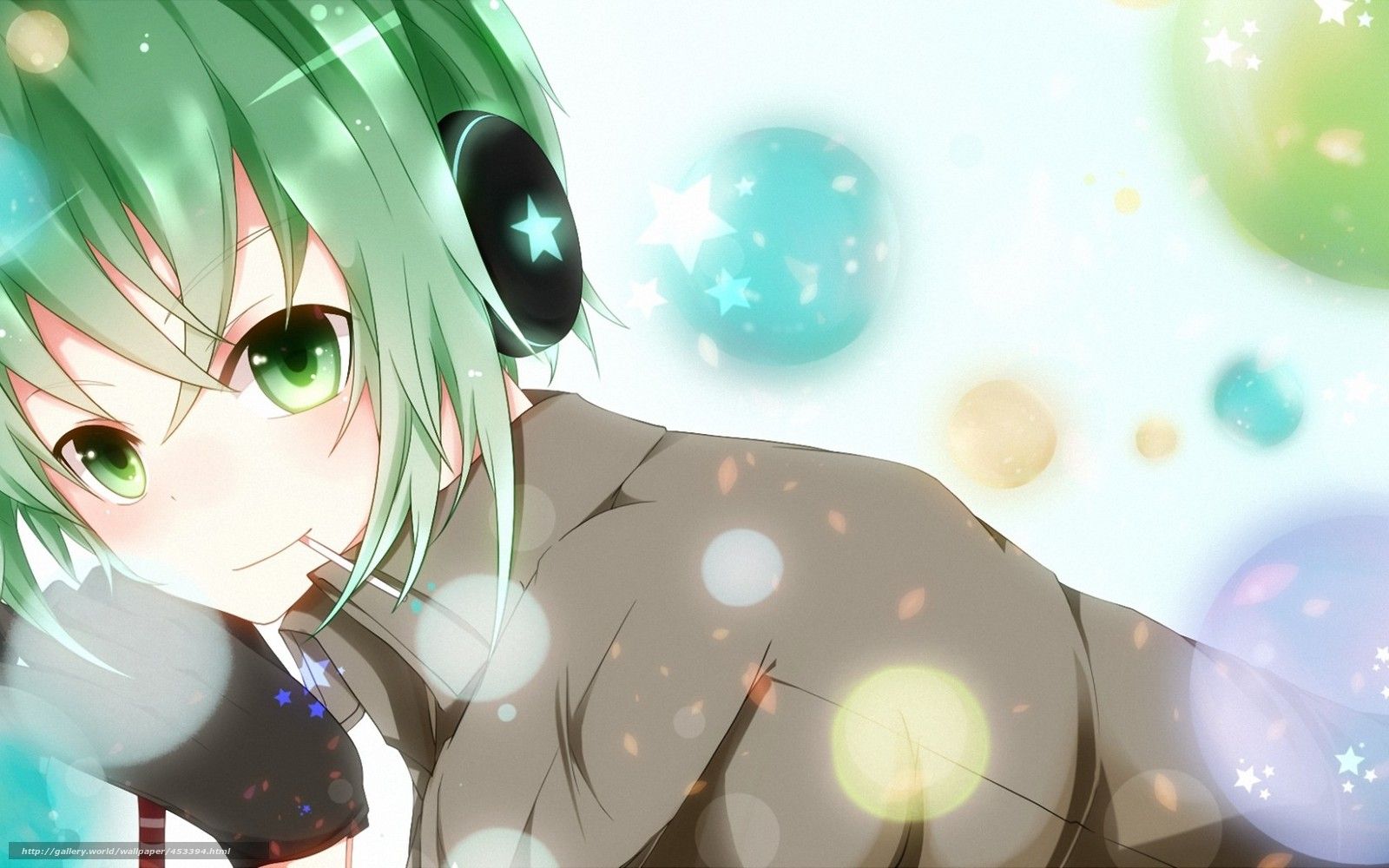Wallpaper Art, guy, green hair, headphones, stars on your desktop