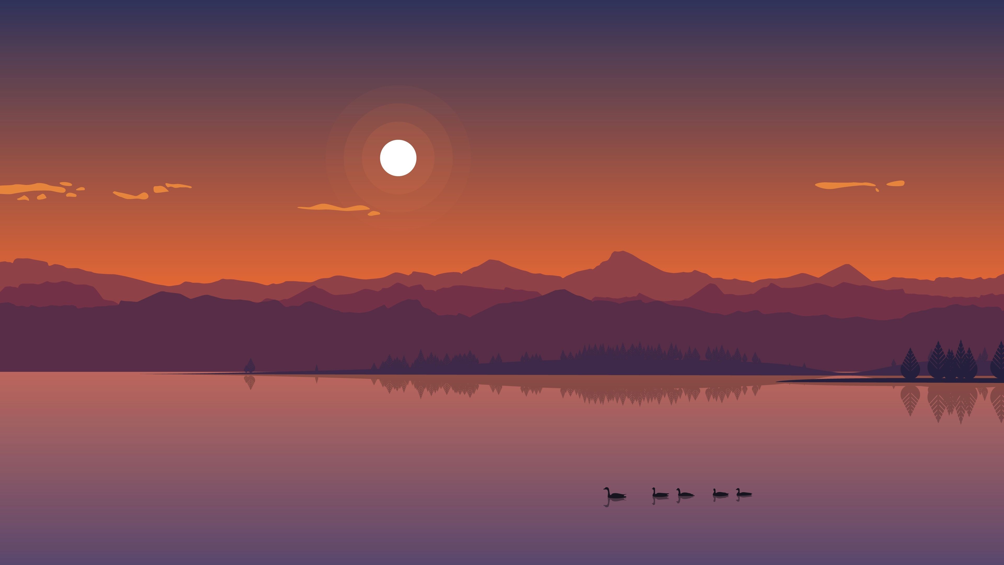Wallpaper River, mountains, ducks, sun, dusk, vector art picture